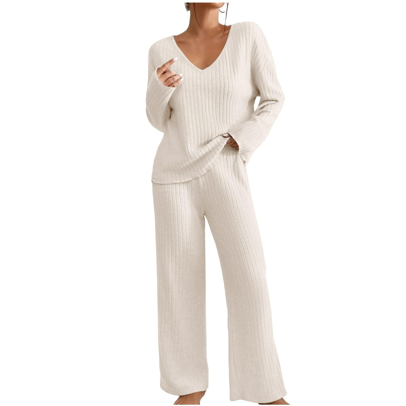 Women's 2-Piece Ribbed Knit Lounge Set - Long Sleeve Top & Pants Pajama Set | Soft Casual Sleepwear for Fall & Winter | Perfect for Home Relaxation, Lounging & Sleepovers