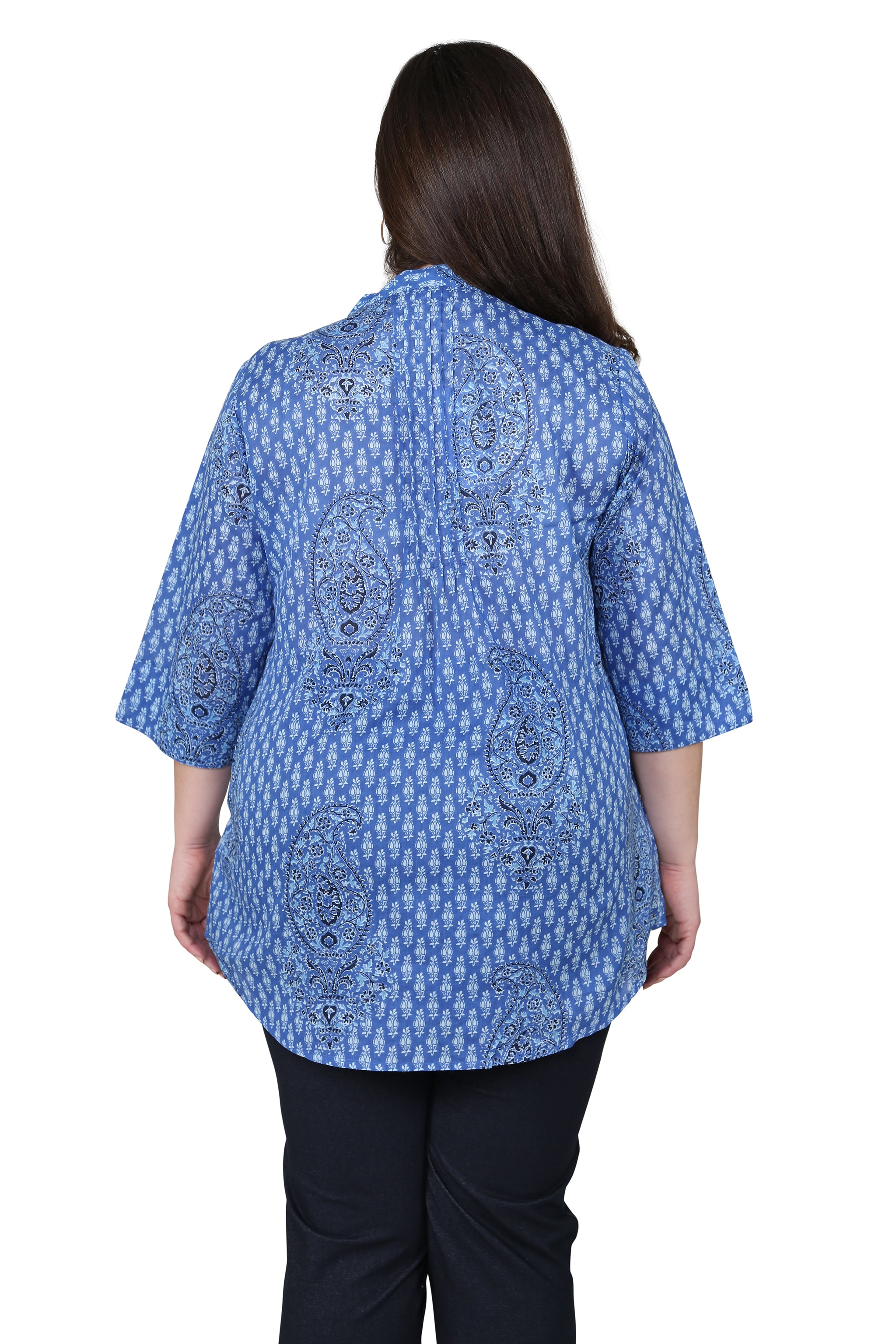 Plus Size Blue Paisley Pleated Tunic Top for Women - Flowy Boho Blouse for Casual Wear & Office Outfits