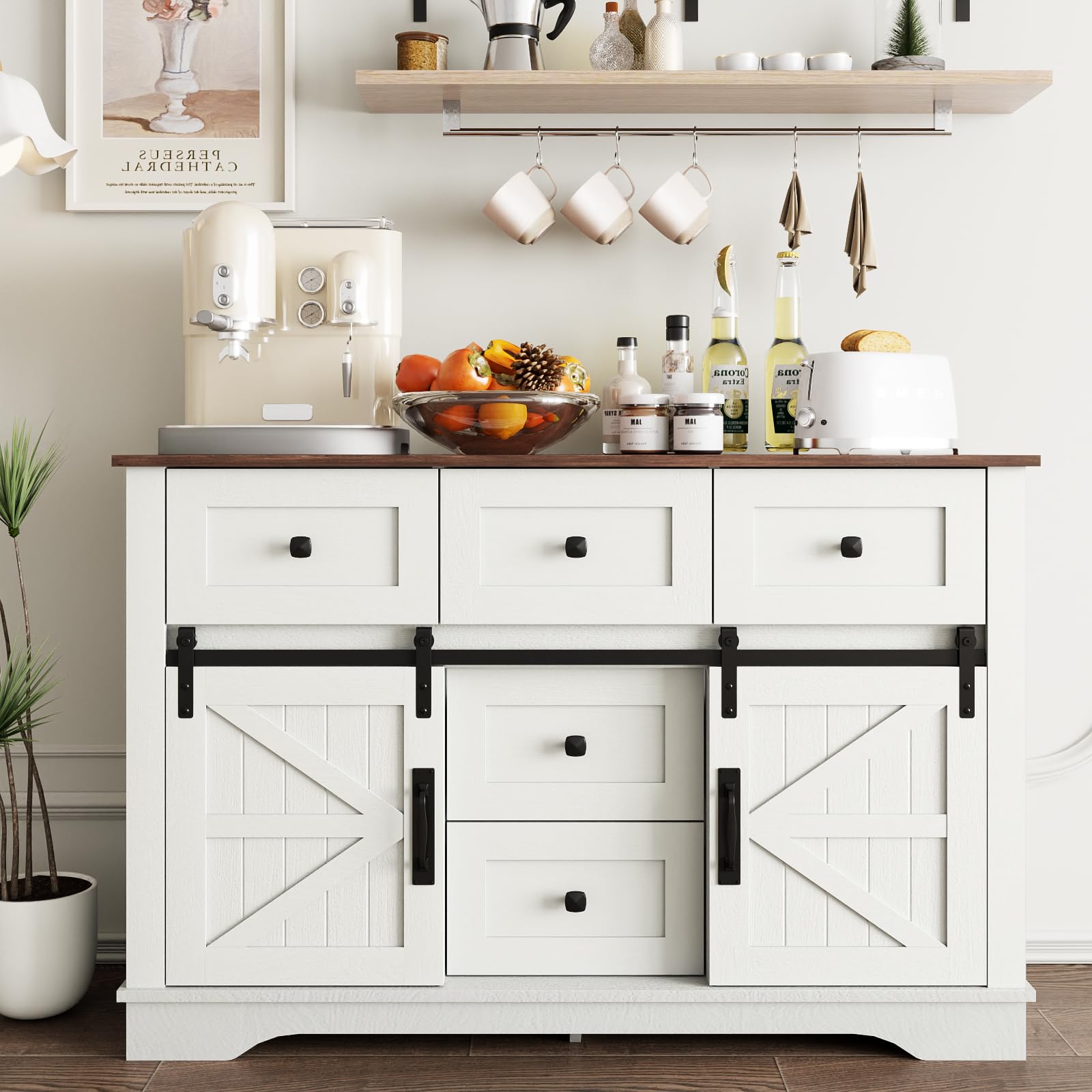 Farmhouse Sideboard Buffet Cabinet with Storage - Large Kitchen Cabinet with Sliding Barn Doors, 5 Drawers & Adjustable Shelves - White Coffee Bar Table for Dining Room - Perfect for Rustic Home Decor, Kitchen Organization & Entertaining Guests