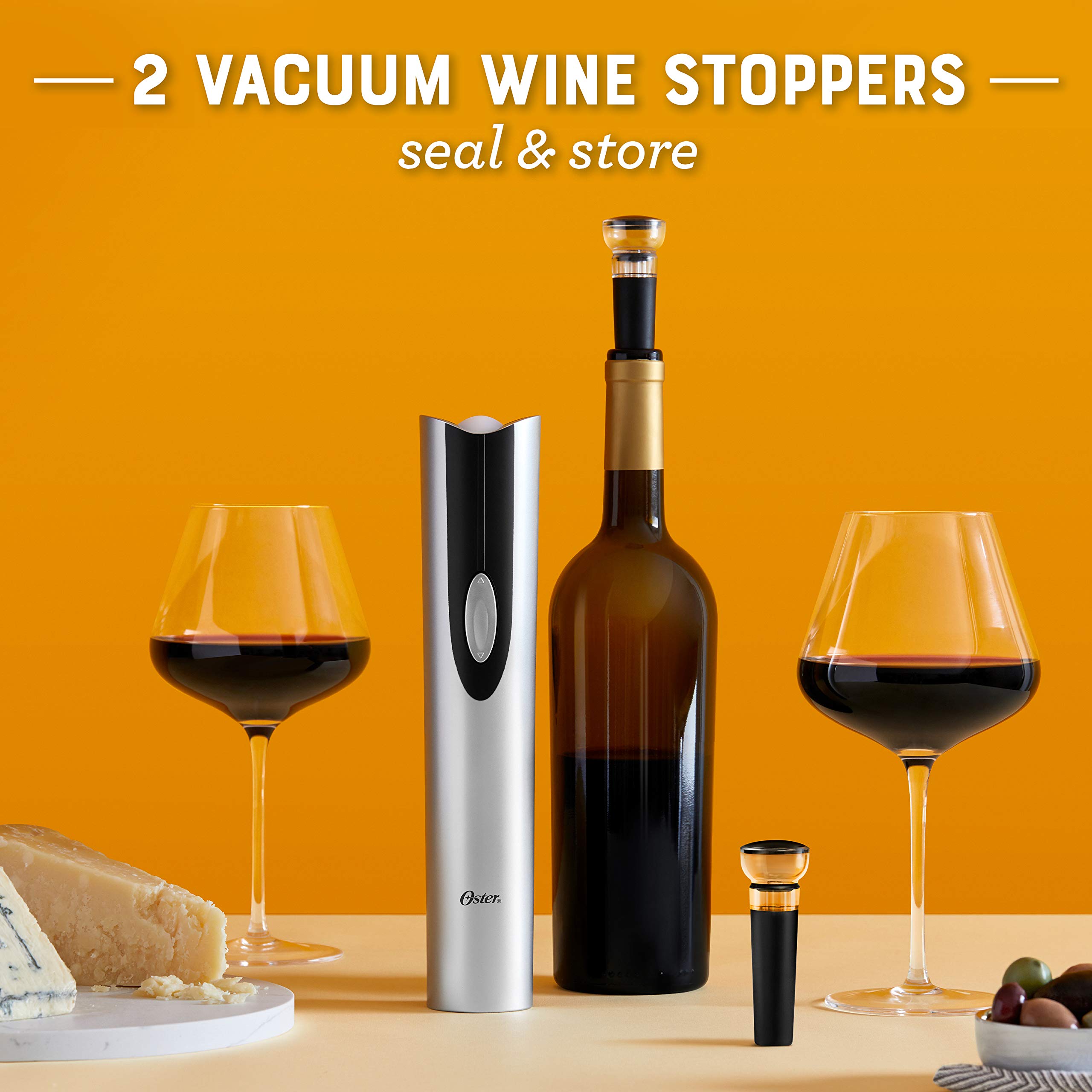 Oster Electric Wine Opener Set with Foil Cutter, Wine Pourer & Vacuum Stoppers - Includes Corkscrew & Charging Base - Perfect for Home Bars, Parties & Wine Lovers (Black)