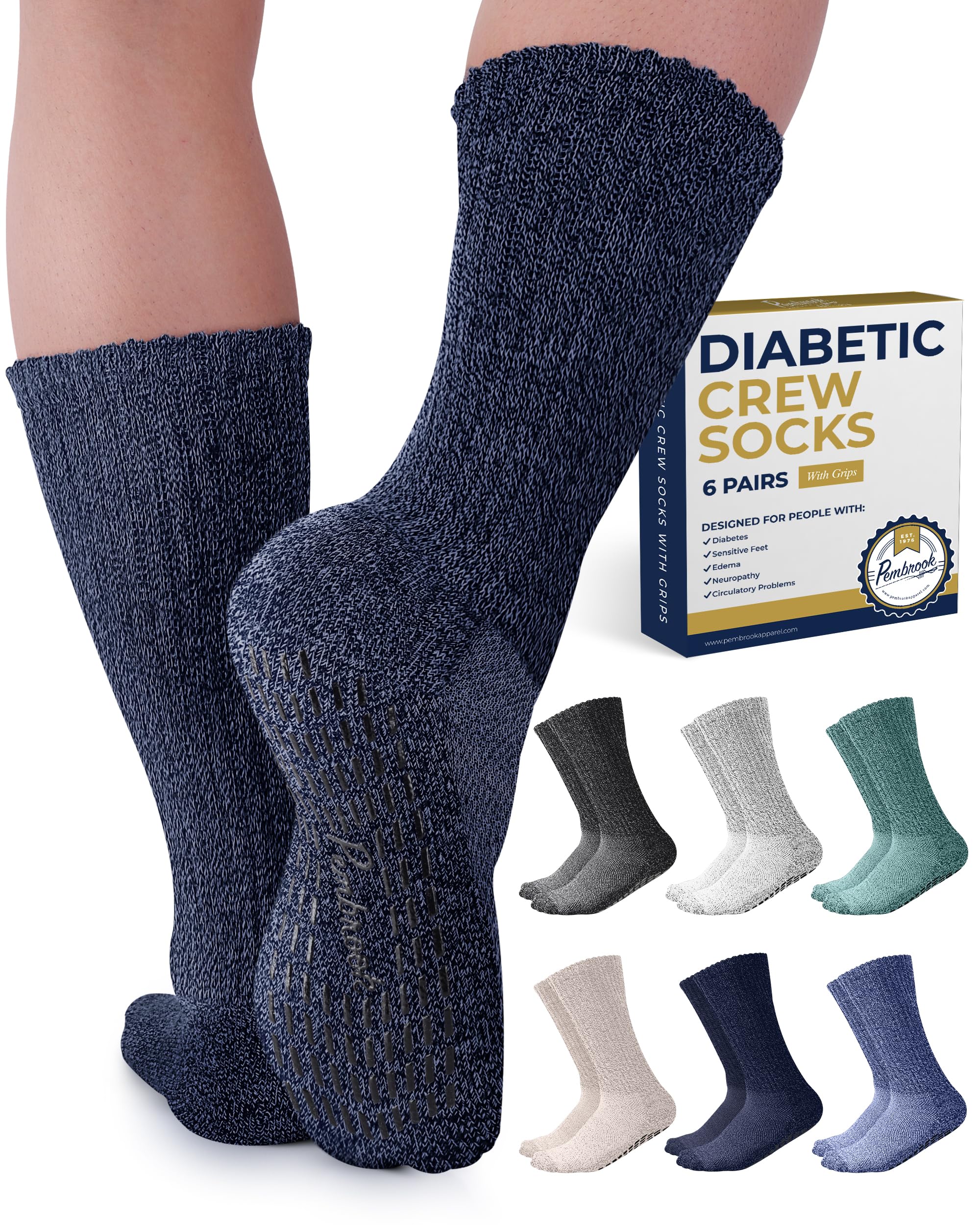Pembrook 6 Pairs Diabetic Socks with Non-Slip Grippers for Men & Women - Breathable Neuropathy & Edema Relief Socks in 12 Colors | Ideal for Diabetes, Swelling & Circulation Support at Home or Work