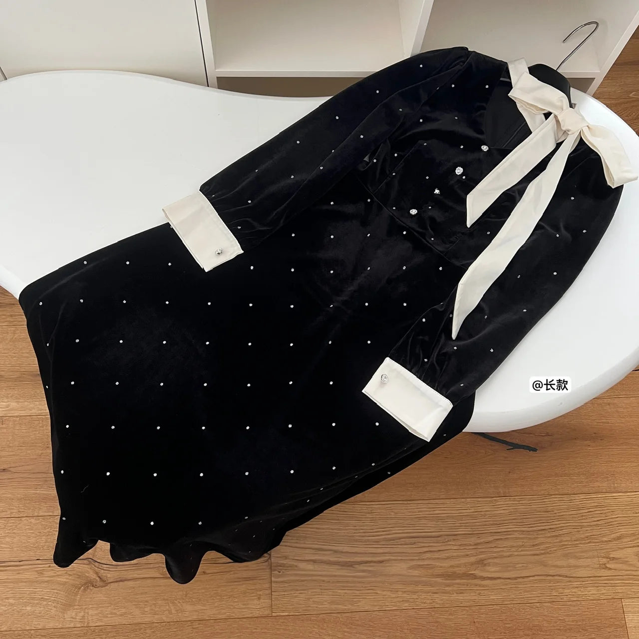 French Black Velvet Patchwork Dot Elegant V-Neck Long Sleeve Party Dress for Women | Autumn Winter 2024 Fashion | Perfect for Evening Events, Cocktail Parties & Formal Occasions