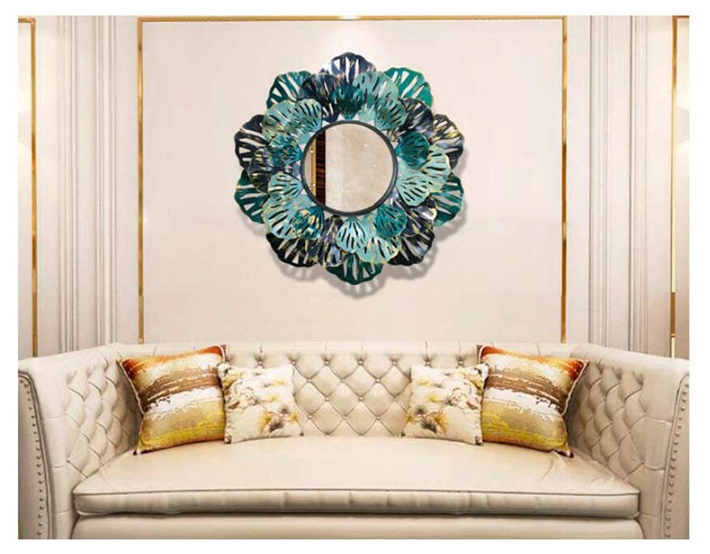 Vintage Round Wall Mirror 60cm - Hand-Forged Iron Art with 3D Green Petals, Shabby Chic Decorative Mirror for Home, Entrance, Hallway & Bedroom Decor | Perfect for Vanity, Dressing Room & Farmhouse Style Interiors