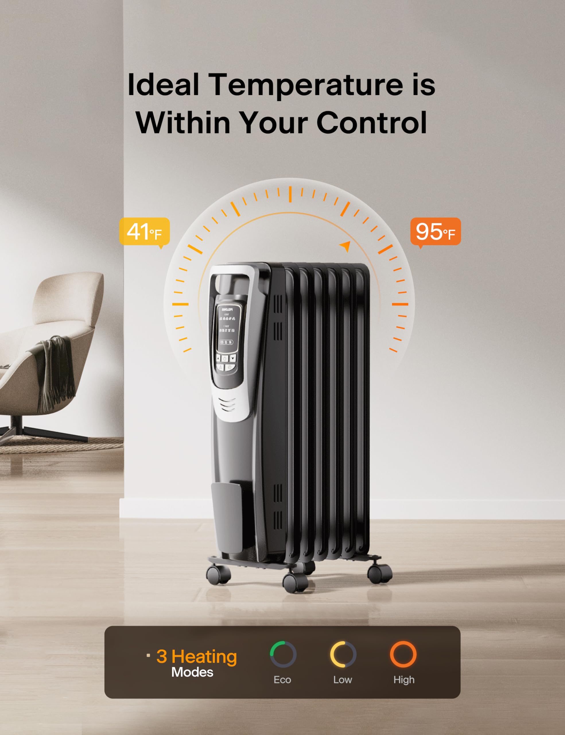PELONIS Oil Filled Radiator Heater with Remote Control - 1500W Quiet Space Heater with Thermostat, LED Display & 5 Heat Settings - Overheat & Tip-Over Protection for Large Rooms, Bedroom, Office - Silver