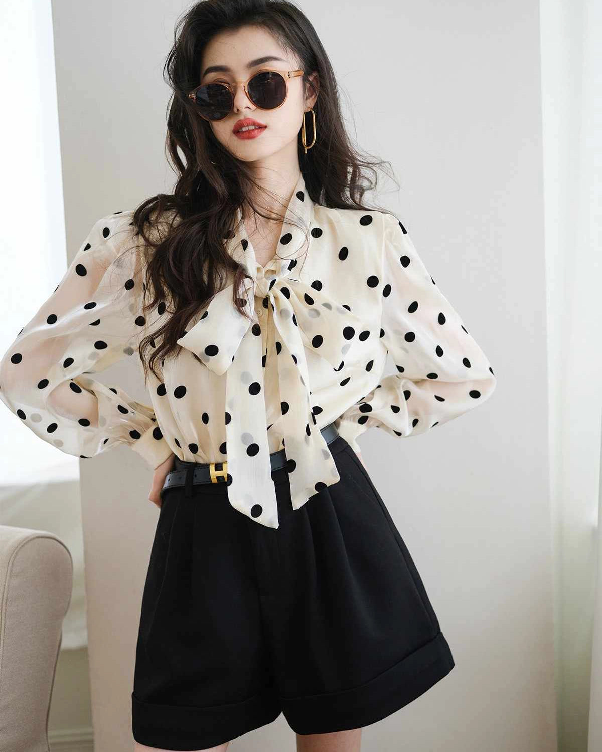 Polka Dot Silk Blouse for Women - Elegant Tie Neck Blouse for Office, Party & Special Occasions | Formal & Casual Wear | Breathable & Comfortable Silk Top