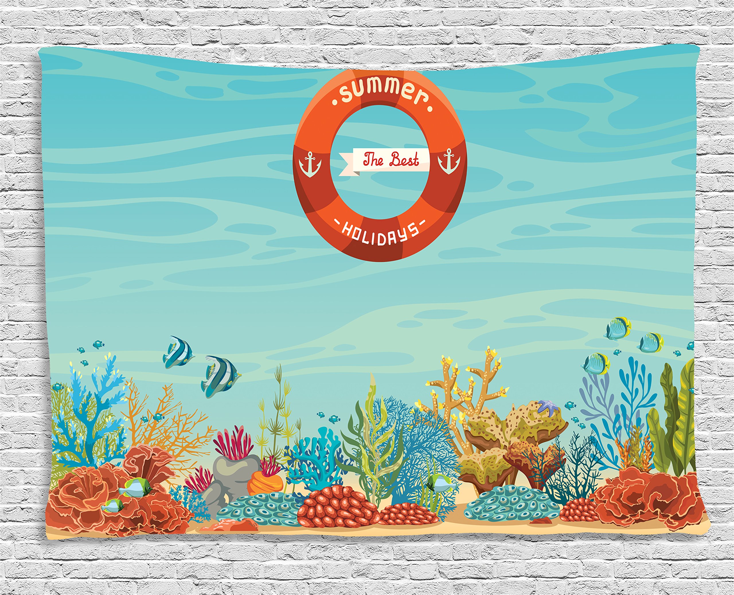 Ambesonne Marine Tapestry - Coral Reef Ocean Wall Art Decor | Tropical Underwater Sea Life with Bubbles | 60x40 Inch Pale Blue & Orange Beach Themed Wall Hanging | Perfect for Bedroom, Living Room, Dorm, Beach House Decor