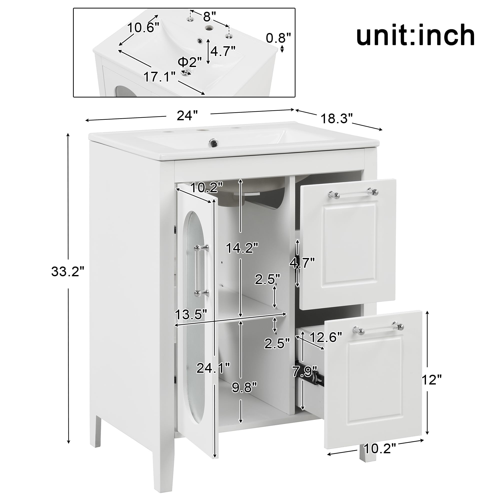 24 Inch White Bathroom Vanity with Sink - 2 Drawers, Glass Door & Adjustable Shelf - Free Standing Wood Storage Cabinet for Small Bathrooms | Perfect for Powder Rooms, Guest Baths & Compact Spaces