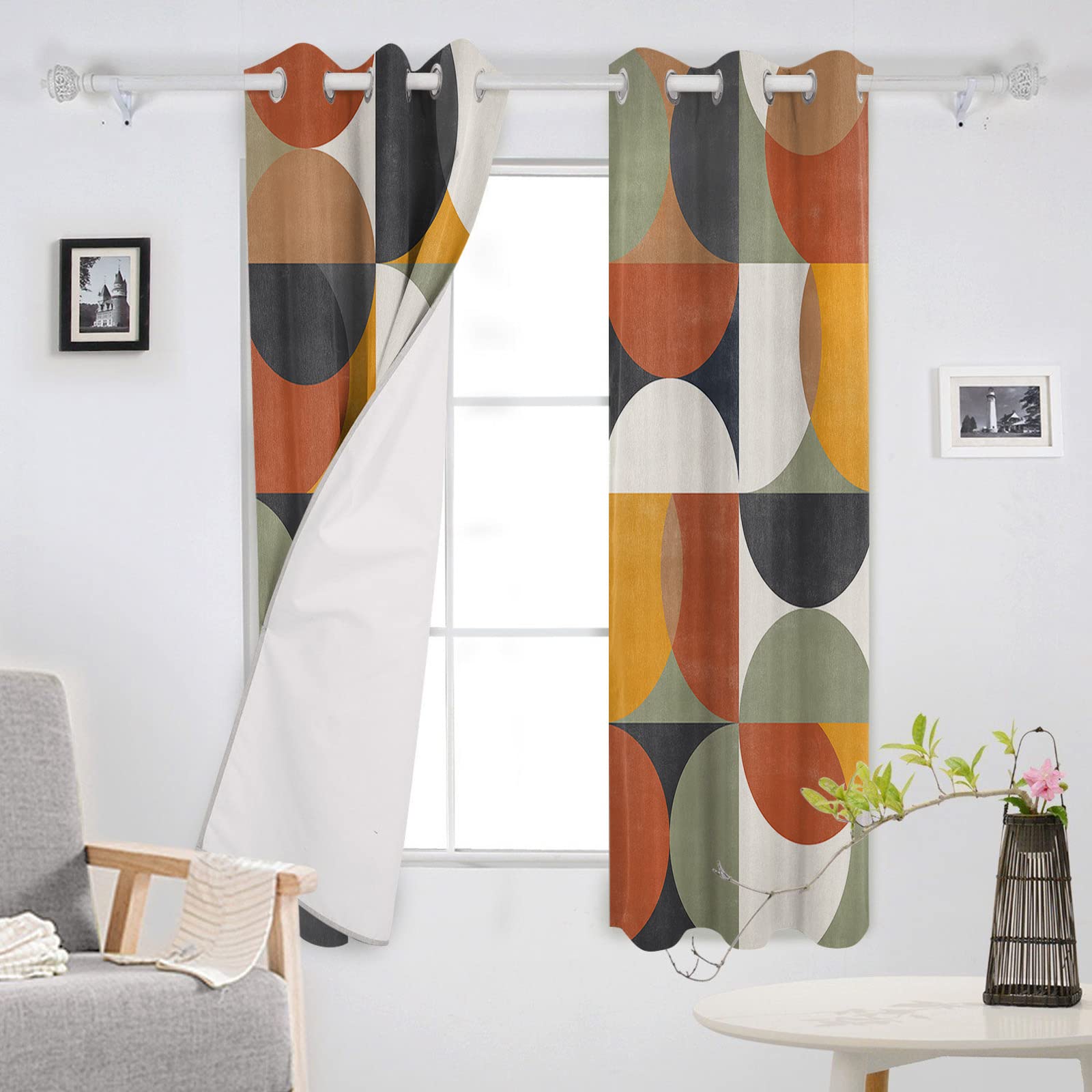 Mid Century Modern Curtains - Retro Orange Yellow Green Abstract Geometric Blackout Curtains for Living Room & Bedroom (2 Panels, 52x90 Inches) - Thermal Insulated Room Darkening Drapes for Home Decor, Privacy & Sun Protection