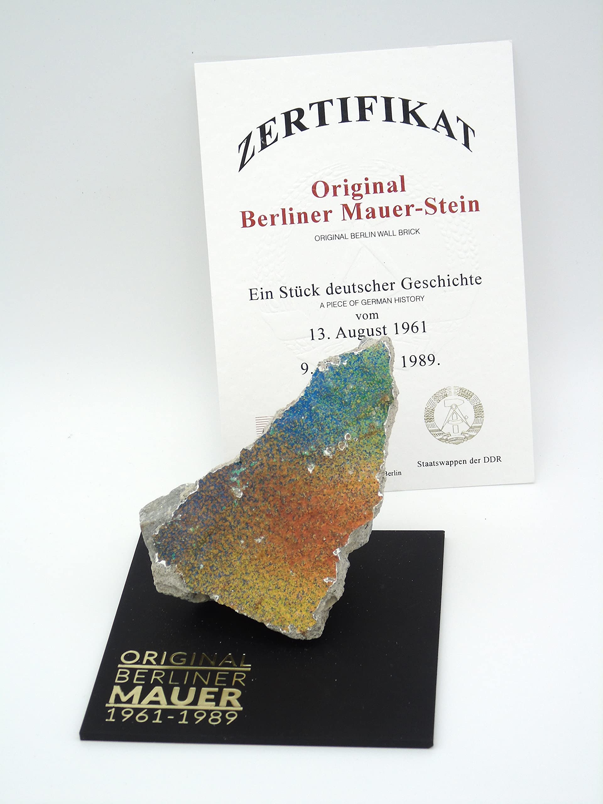 Authentic Piece of Berlin Wall with Certificate of Authenticity (CoA) - Large Fragment on Black Acrylic Base | Cold War Memorabilia, Historical Home Decor, Unique Gift for History Lovers
