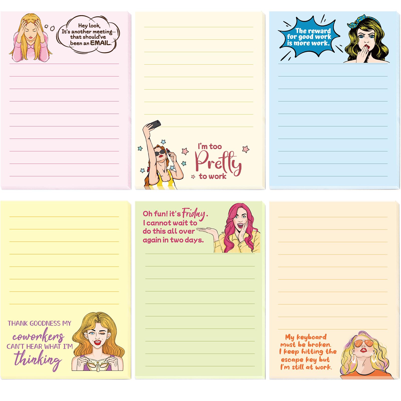 Funny Notepads for Women - 6 Pack Novelty Memo Pads with Inspirational Sayings, Cute Office Supplies for Coworkers & Staff - Perfect Christmas Gag Gifts, Desk Accessories for Work, Home & School Organization