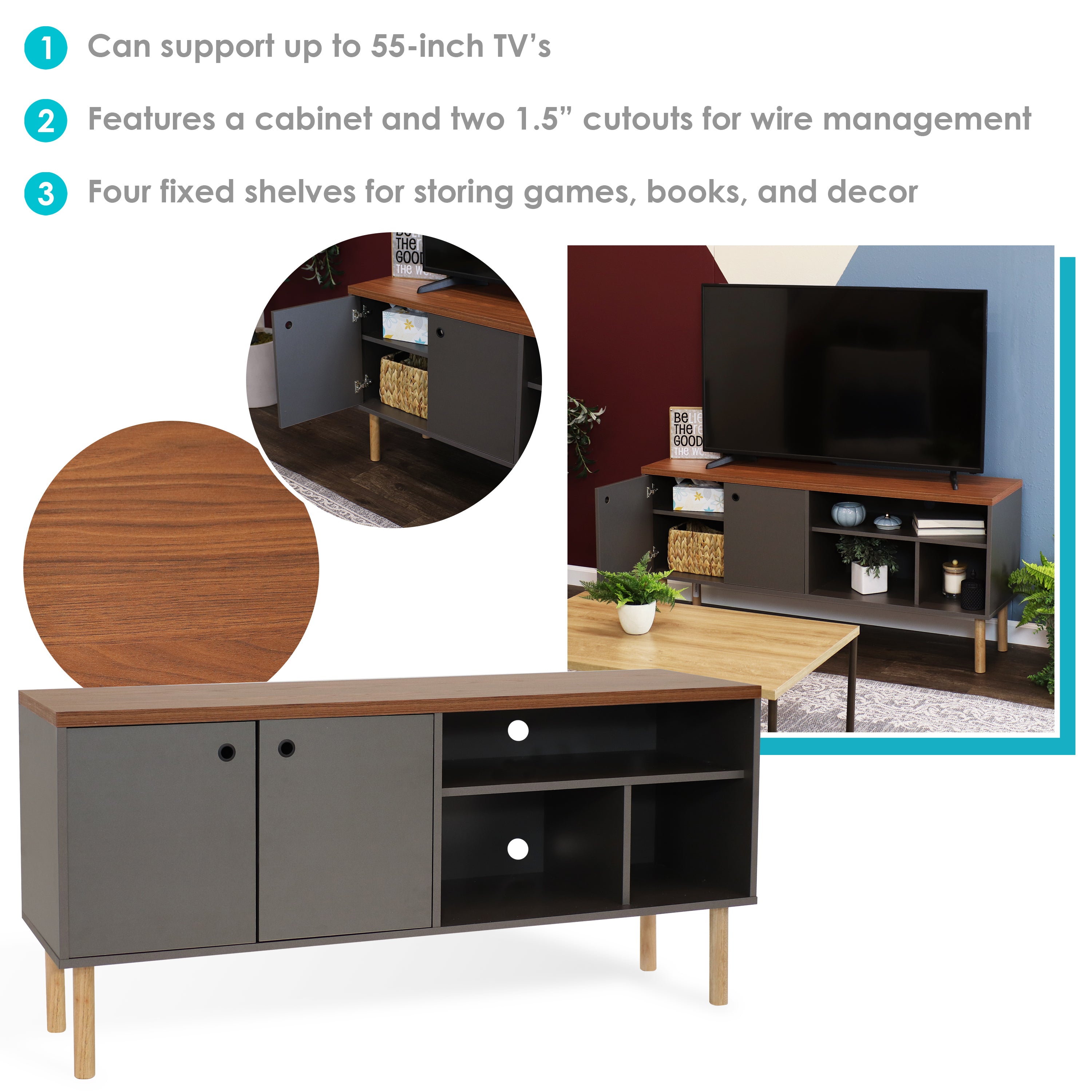 Mid Century Modern TV Stand for 55 Inch TV - Solid Wood Entertainment Center with Storage - Perfect for Living Room, Bedroom & Home Theater Setup