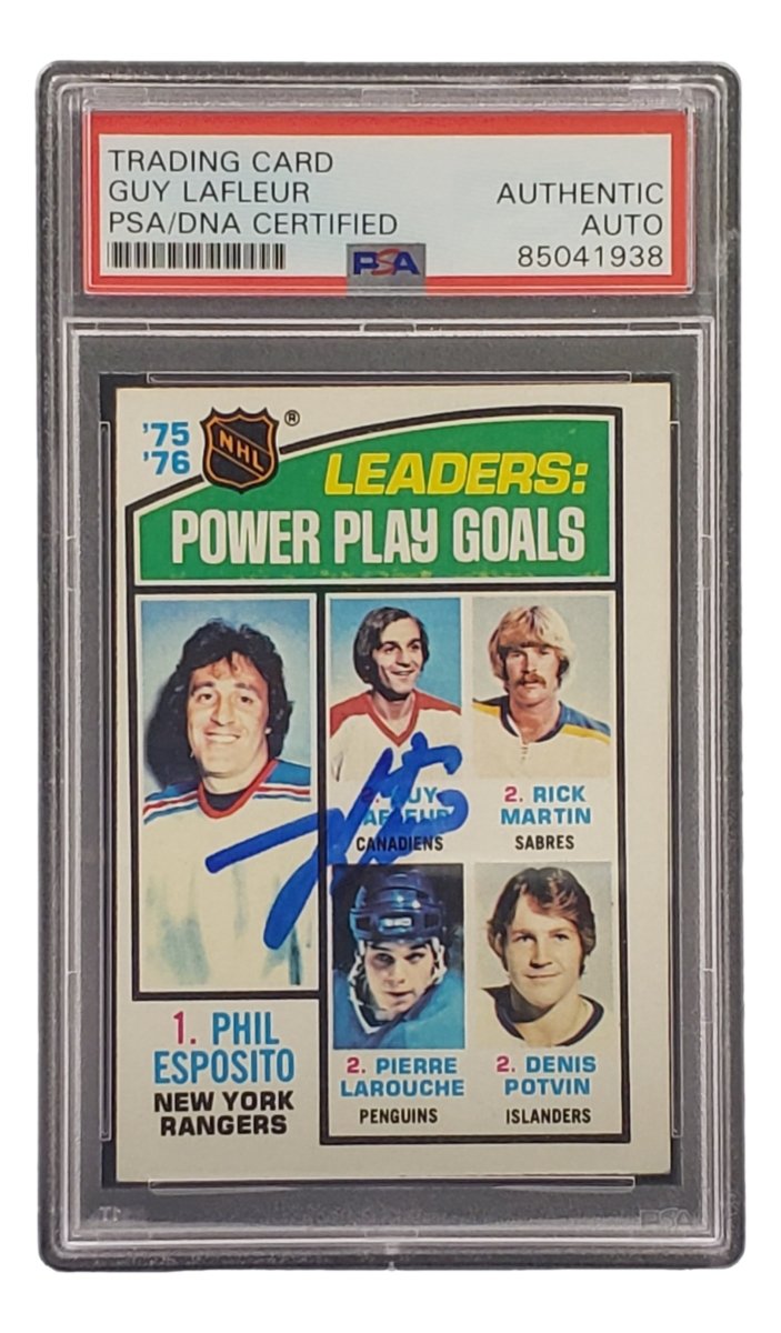 Guy LaFleur Autographed 1976 Topps #5 Power Play Goals Leaders Hockey Card - PSA/DNA Certified - Vintage NHL Collectible for Sports Memorabilia Displays