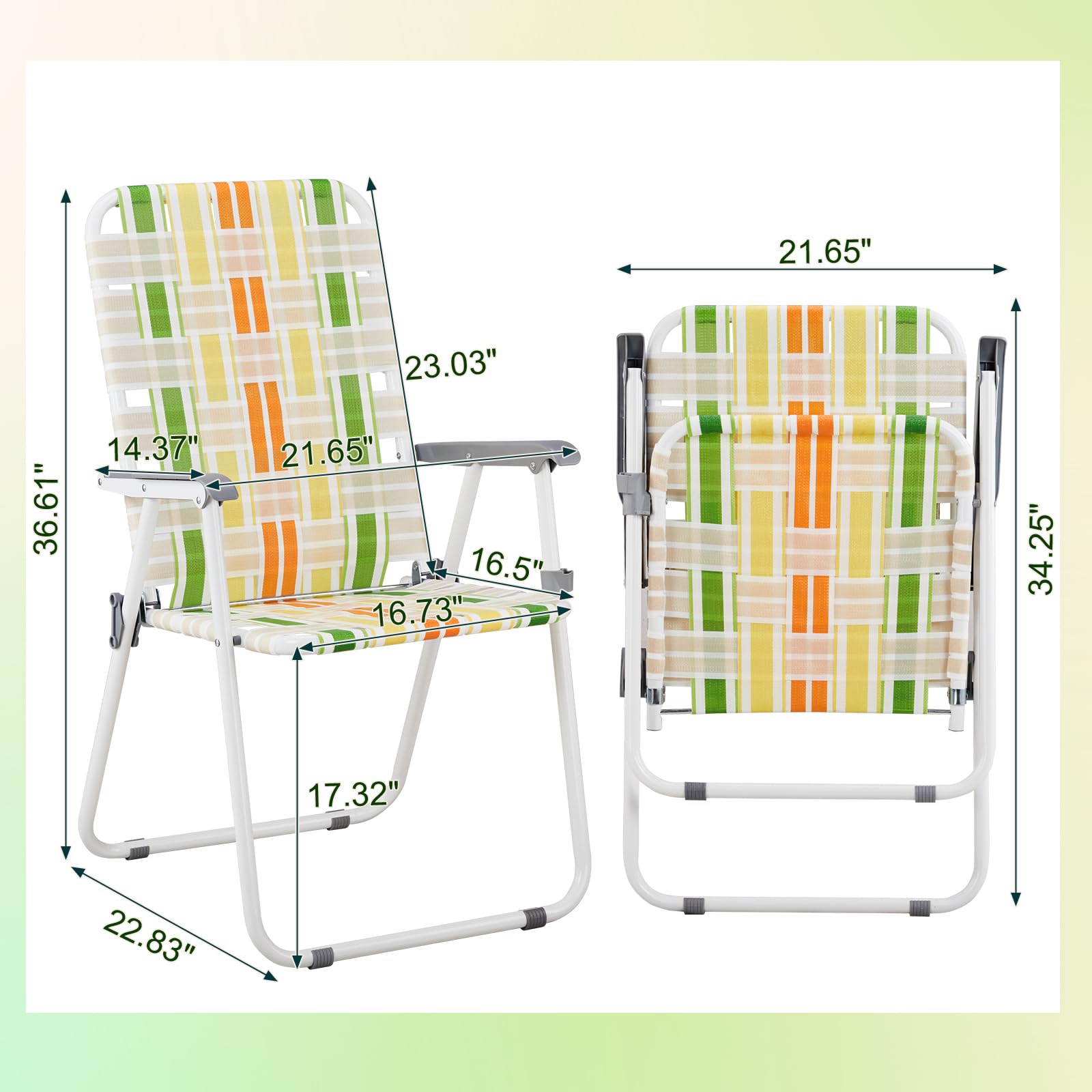 2 Pack Light Green Folding Lawn Chairs - Portable Outdoor Patio, Beach & Camping Chairs with Webbed Design for Backyard, Garden, Picnic and Poolside Relaxation