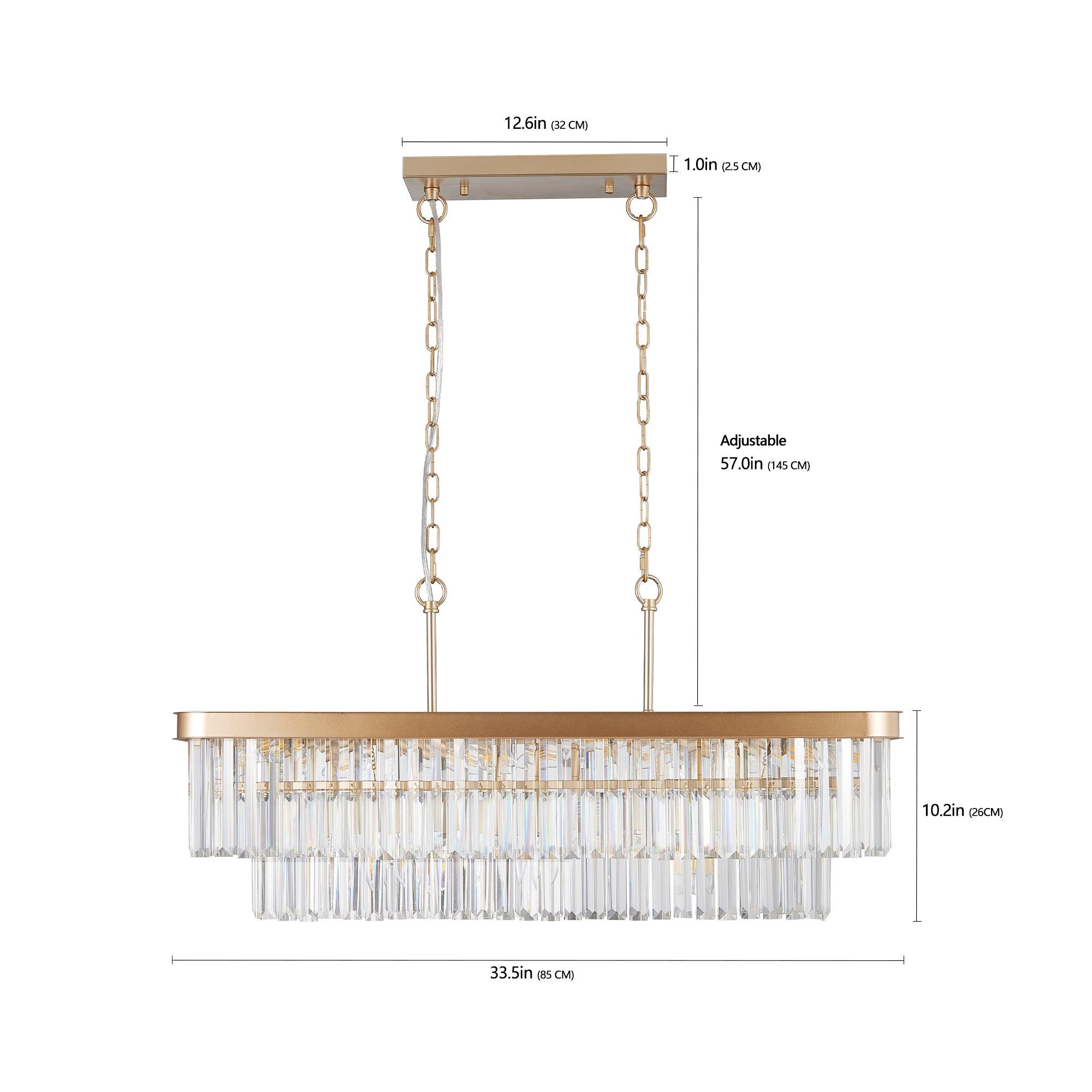 Modern Rectangular Crystal Chandelier - Adjustable E12 Industrial Farmhouse Ceiling Light with Iron Frame in Gold (Bulbs Not Included) - Perfect for Kitchen, Living Room, Bedroom & Dining Room Lighting