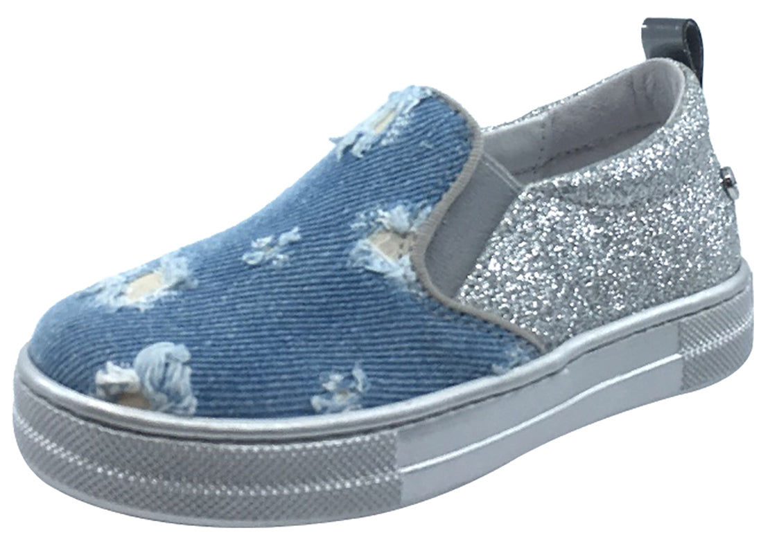 Naturino Girls' Light Glitter Distressed Denim Slip-On Sneakers with Silver Accents - Perfect for School, Playdates & Casual Outings