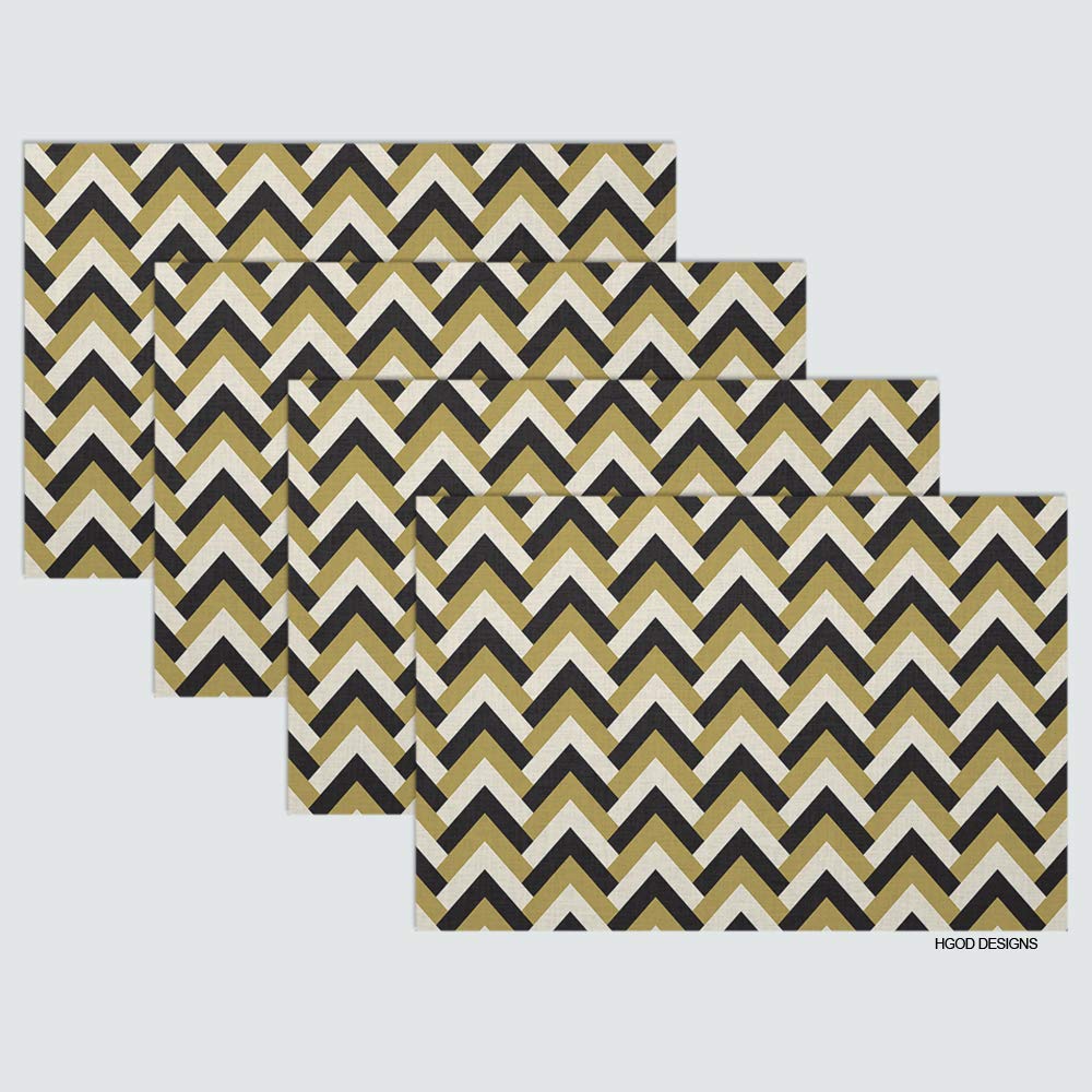 HGOD DESIGNS Chevron Place Mat Set of 4 - Vintage Art Deco Style Gold & Black Cotton Linen Table Mats (12