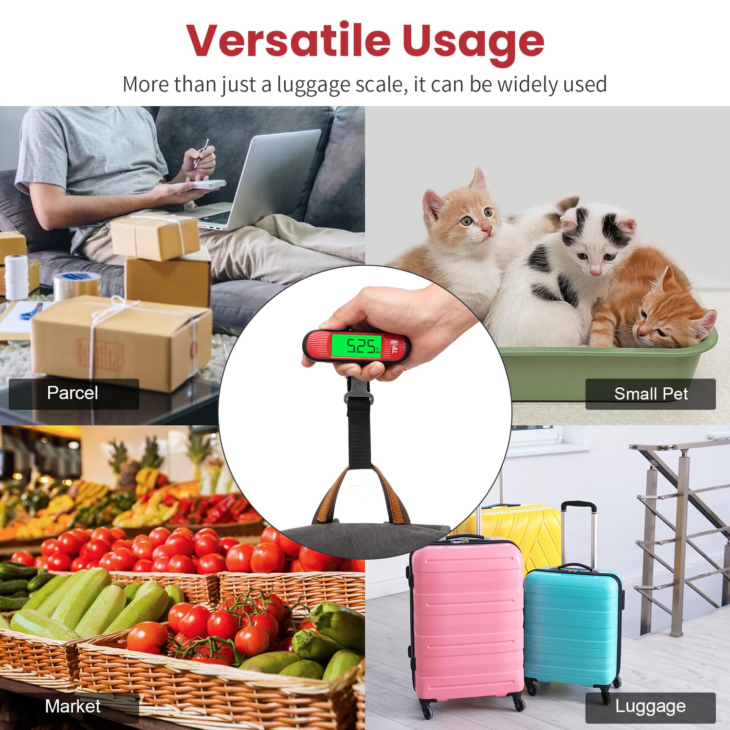 110lb Digital Luggage Scale with Backlight LCD & Hook - Portable Suitcase Weight Scale for Travelers, Battery Included (Red) - Perfect for Airports, Hotels, and Cruise Packing
