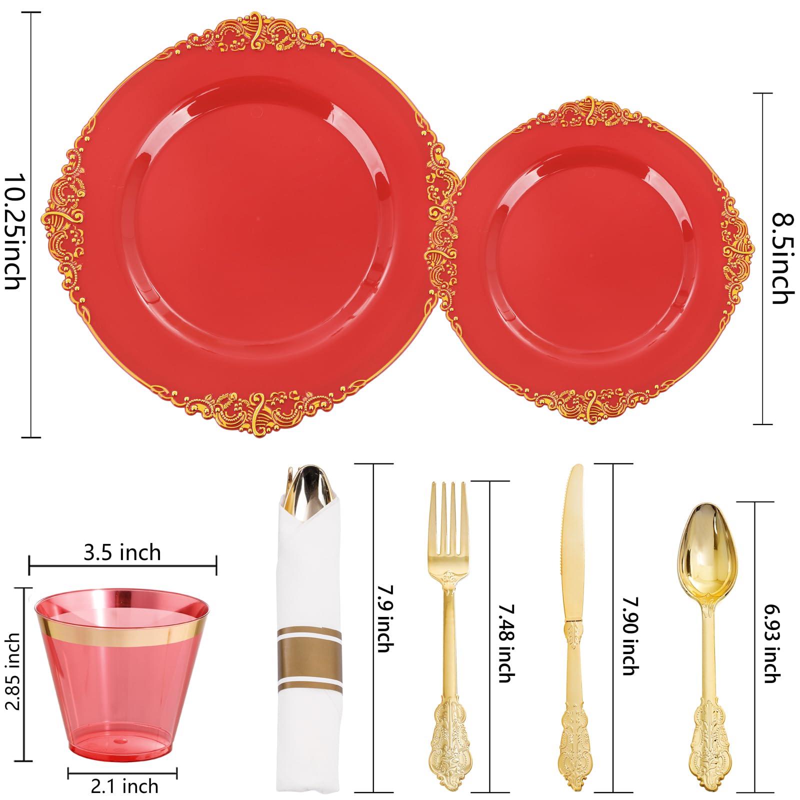 Nervure 175-Piece Disposable Red Plastic Party Dinnerware Set - 50 Plates, 75 Silverware, 25 Cups & 25 Napkins for Christmas, Birthday & Holiday Celebrations - Perfect for 25 Guests at Weddings, BBQs & Family Gatherings