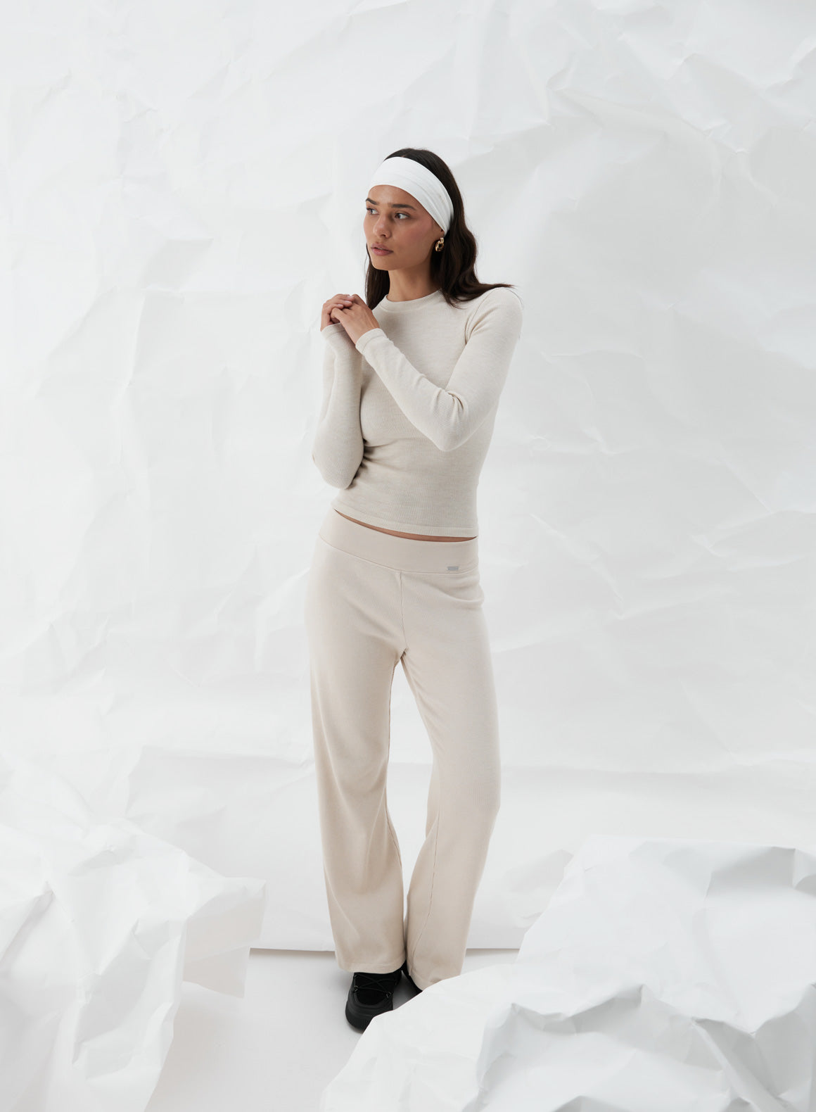 Café Au Lait Ribbed Wool Wide Leg Pants for Women - Comfortable Winter Trousers for Office, Travel & Casual Wear