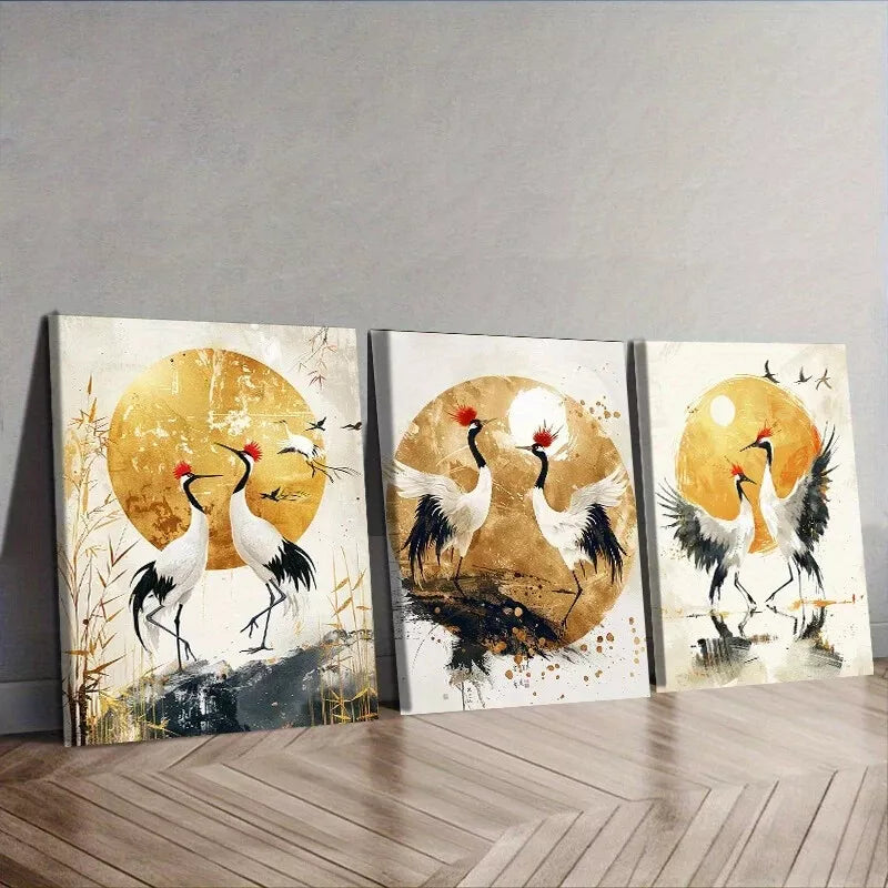 3-Piece Golden Cranes Modern Contemporary Style Wall Art Set - Framed Canvas 50x70cm - High Quality Print - 100% Australian Made - Ready to Hang - Perfect for Living Room, Bedroom & Office Decor