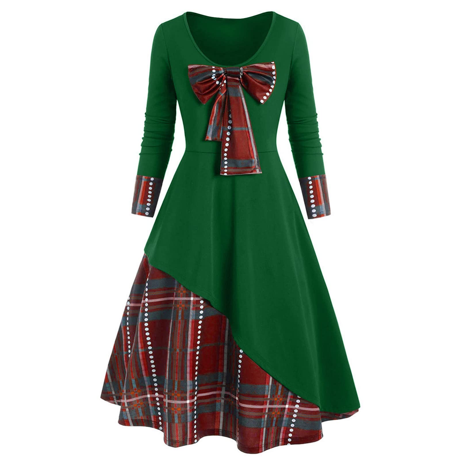 Plus Size Christmas Dress for Women - Vintage Plaid Patchwork Bow Rockabilly Midi Dress for Cocktail Party & Evening Events | Holiday Outfit & Seasonal Celebration