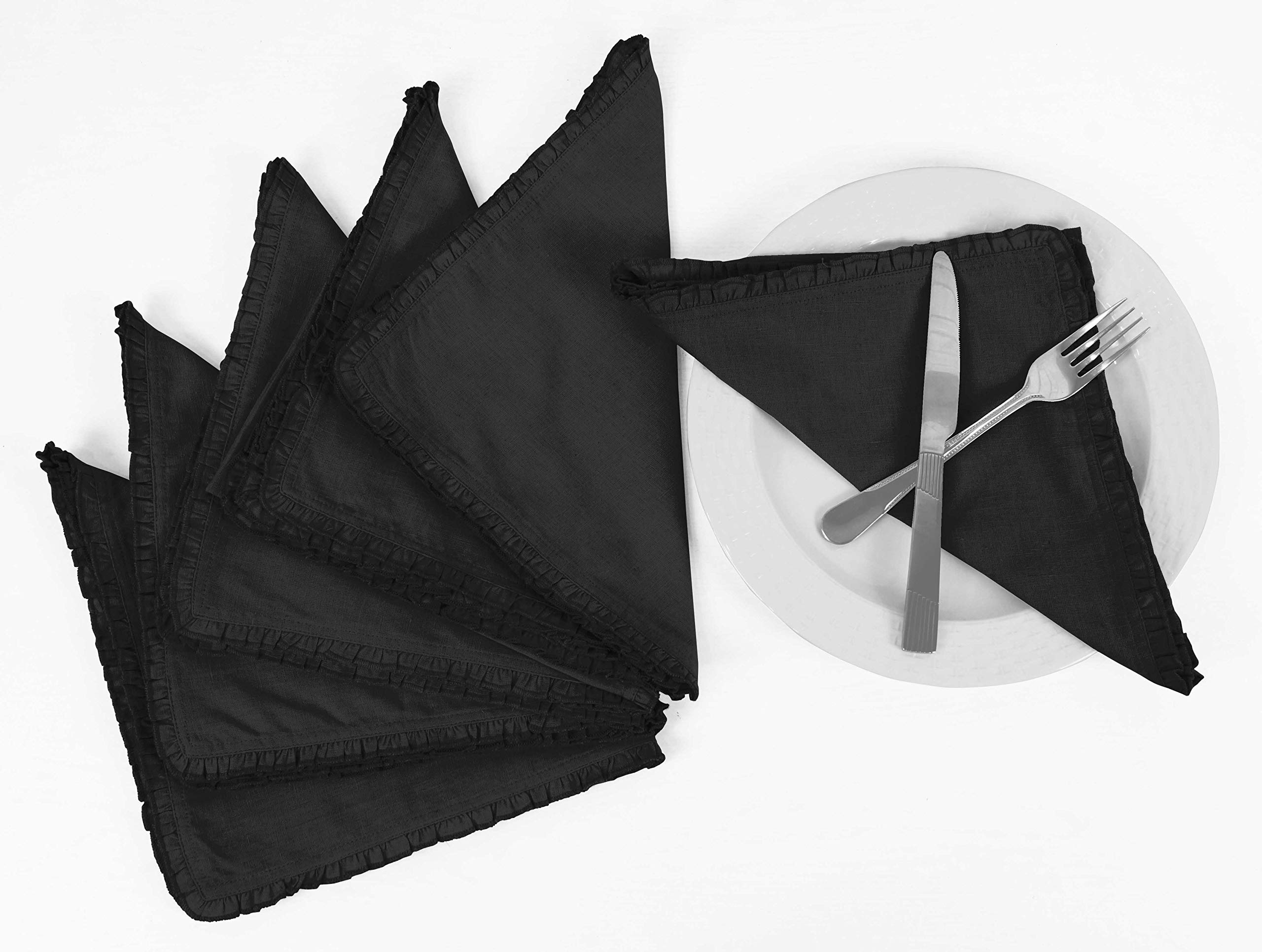 Premium Black Washable Frill Placemats Set with Napkins - 6 Pack Elegant Table Decor for Everyday Dining, Parties & Home Styling