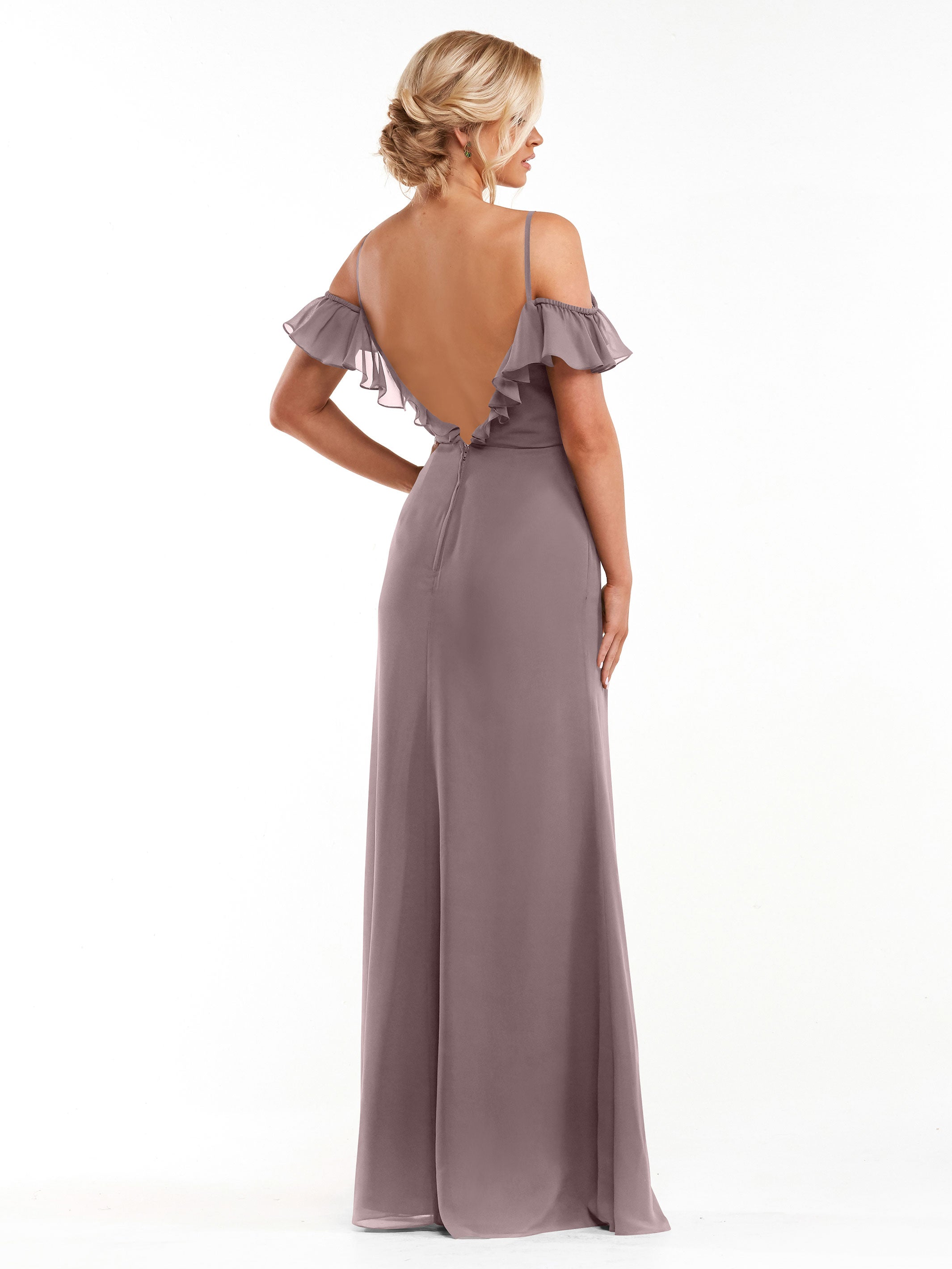 Elegant 80172 Chiffon Off-The-Shoulder A-Line Bridesmaid Dress with Ruffled Neckline - Perfect for Weddings, Formal Events & Special Occasions