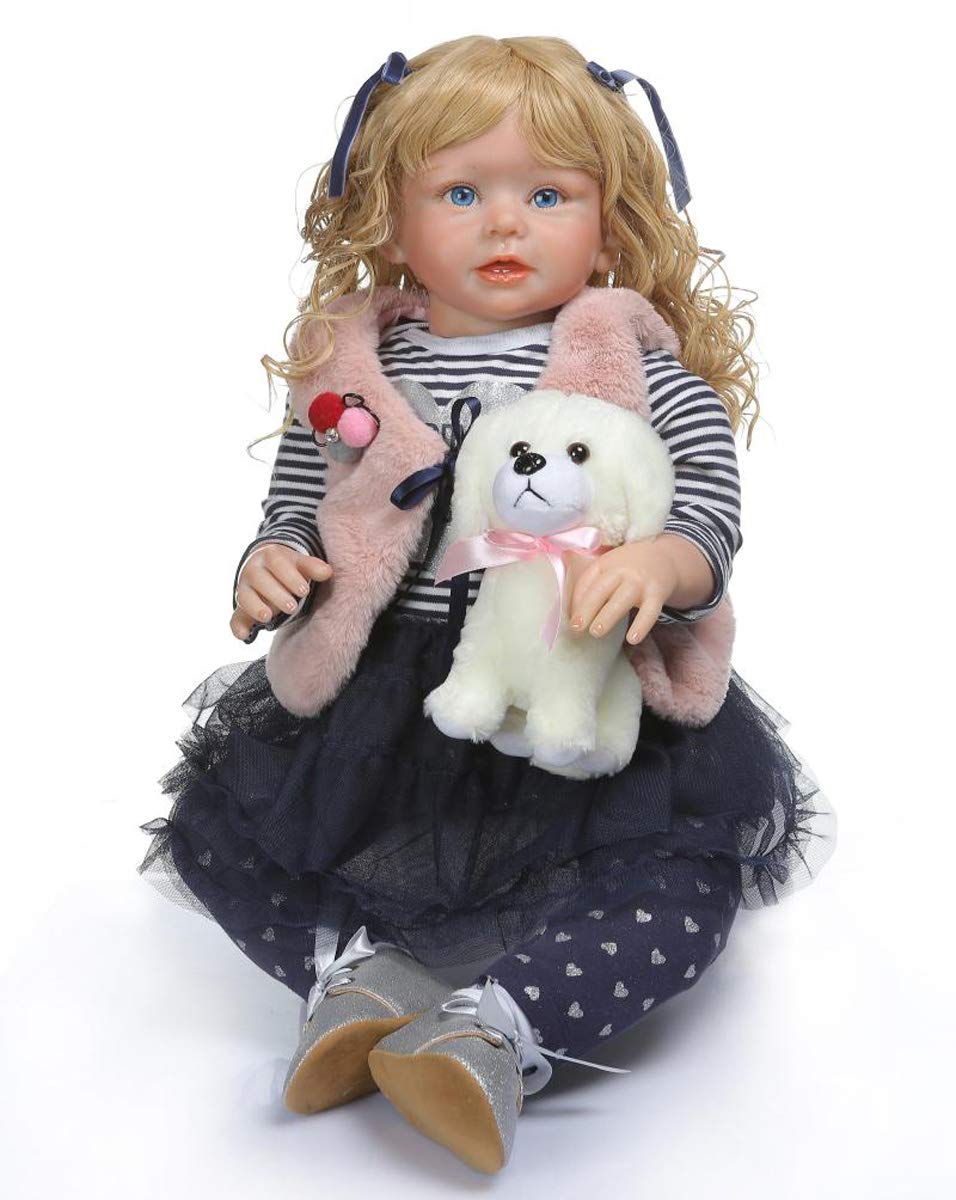 TERABITHIA 28 Inch 70cm Realistic Reborn Baby Doll with Long Curly Blonde Hair & Changeable Clothes - Lifelike Silicone Newborn Toddler Girl Doll for Collectors, Gift Giving, and Role Play