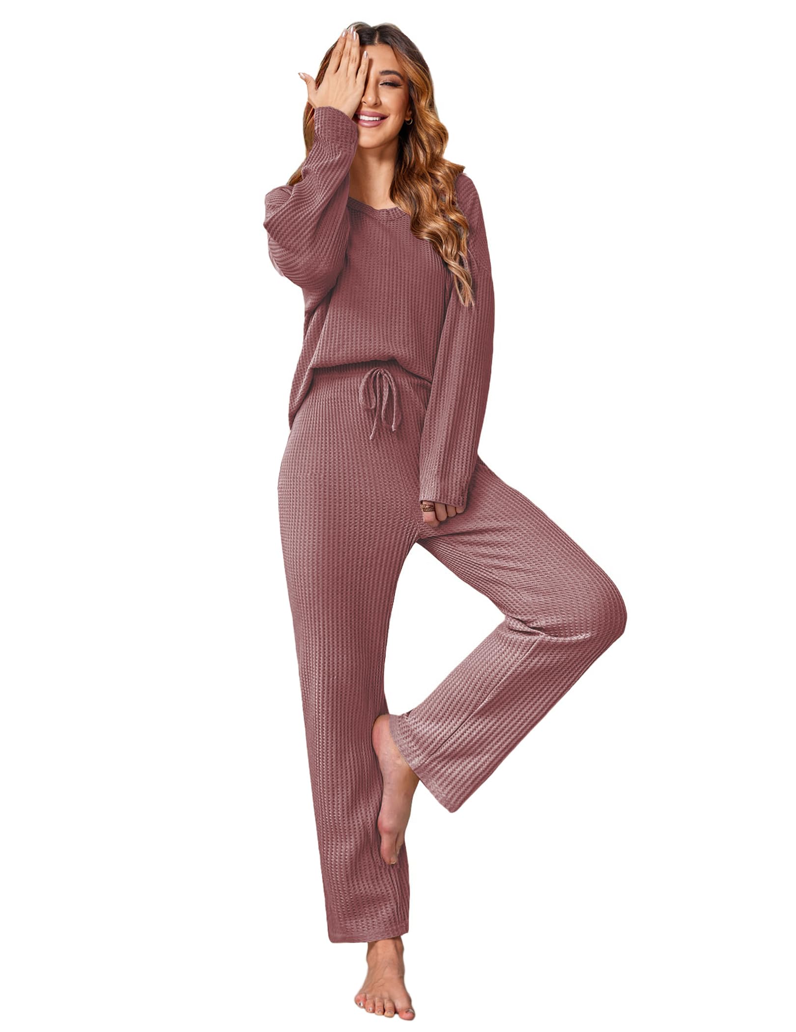 Ekouaer Women's Waffle Knit Pajama Set - Soft Long Sleeve Lounge Wear 2-Piece Matching PJ Set with Pockets | Cozy Sleepwear for Winter Nights & Relaxing at Home