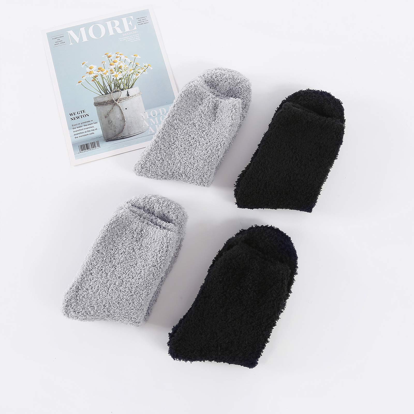 Warm Fluffy Fuzzy Socks for Women & Girls - Cozy Winter Fleece Slipper Socks (4 Pairs, Black & Gray) - Perfect for Christmas Gifts, Holiday Comfort & Home Relaxation