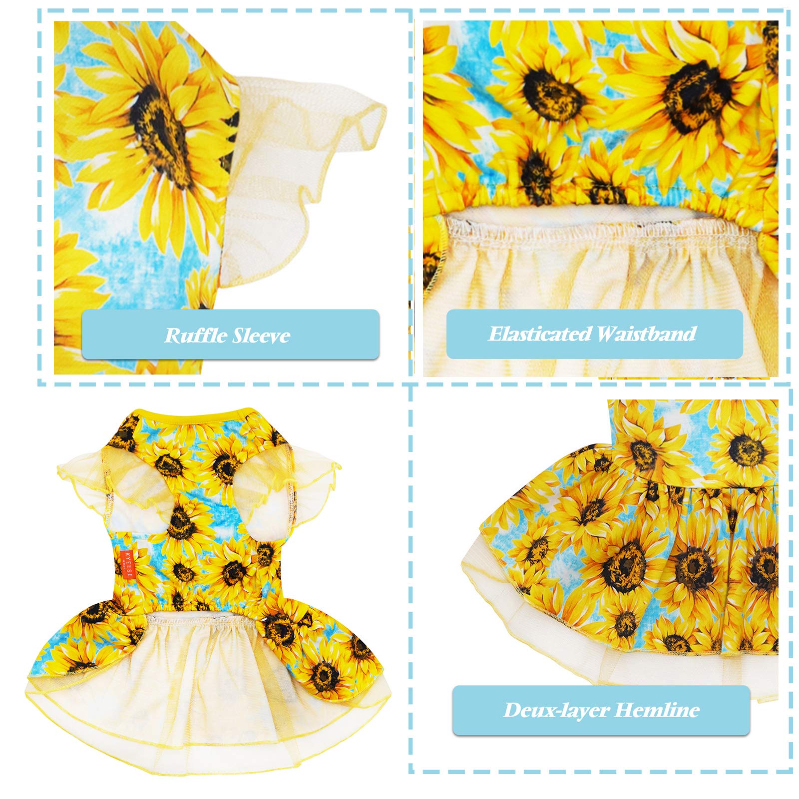 KYEESE Sunflower Dog Dress for Small Dogs - Cute Tulle Sundress with Ruffle Sleeves Pet Apparel | Perfect for Summer Outings & Photo Shoots