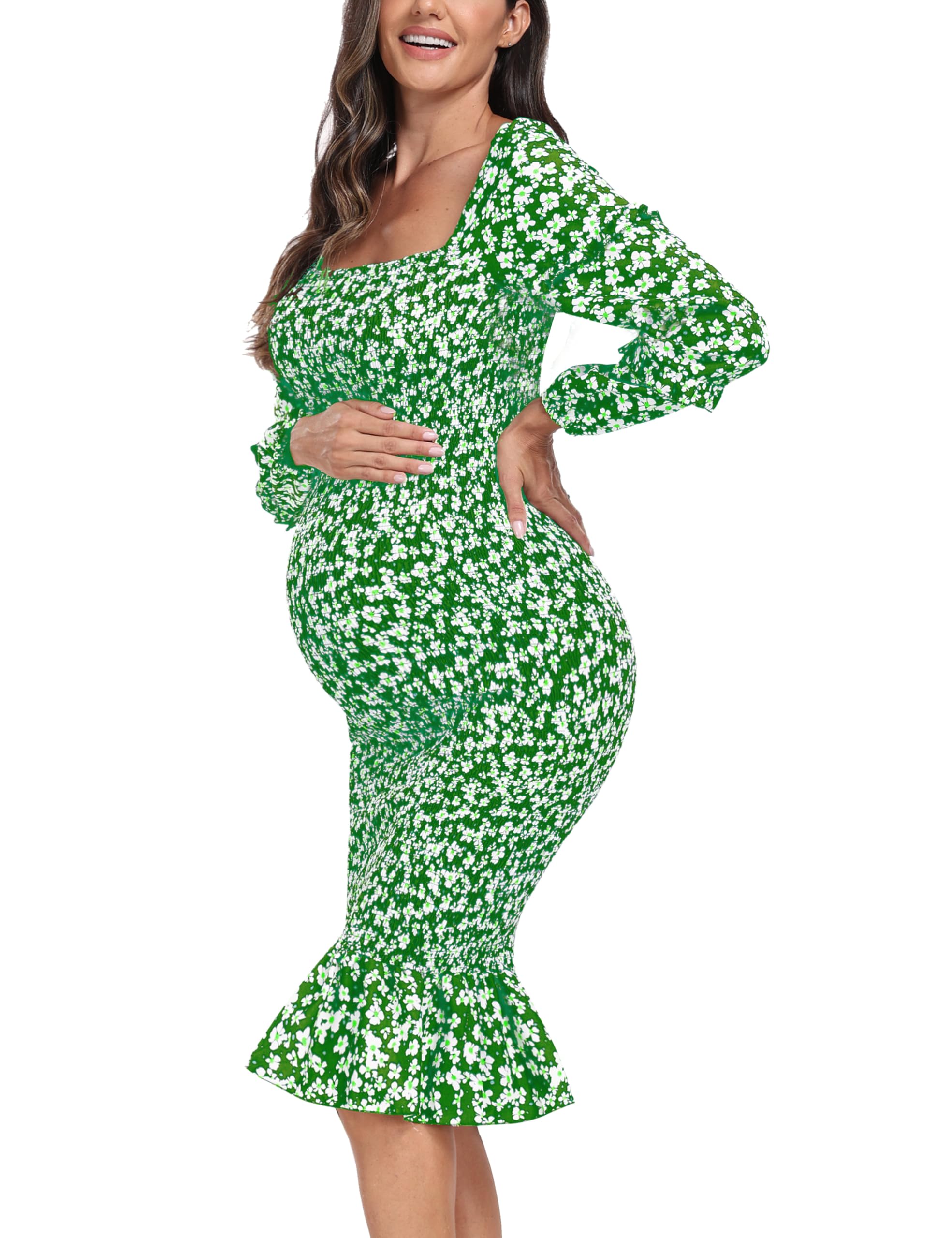 Floral Maternity Dress with Puff Sleeves & Ruffle Hem - Elegant Long Mermaid Dress for Baby Shower, Photoshoot, Pregnancy Announcement & Special Occasions