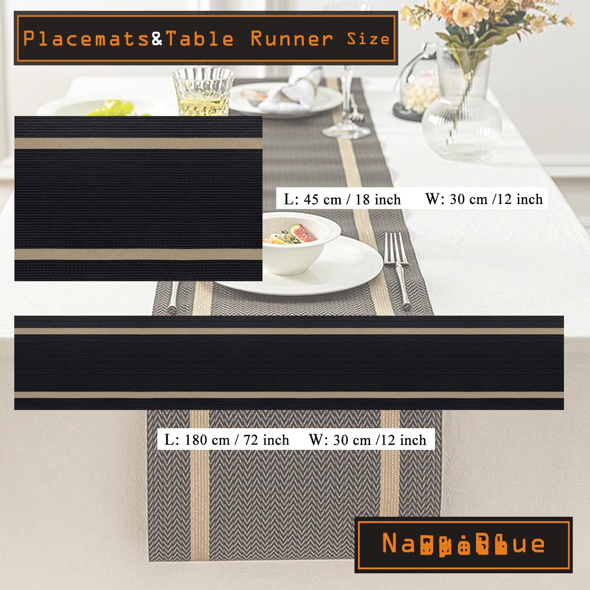 Premium 6-Piece Black Placemat and Table Runner Set - Elegant & Durable Table Decor for Dining Room, Wedding Banquet, Hotel Events - Washable & Stain-Resistant for Daily Use