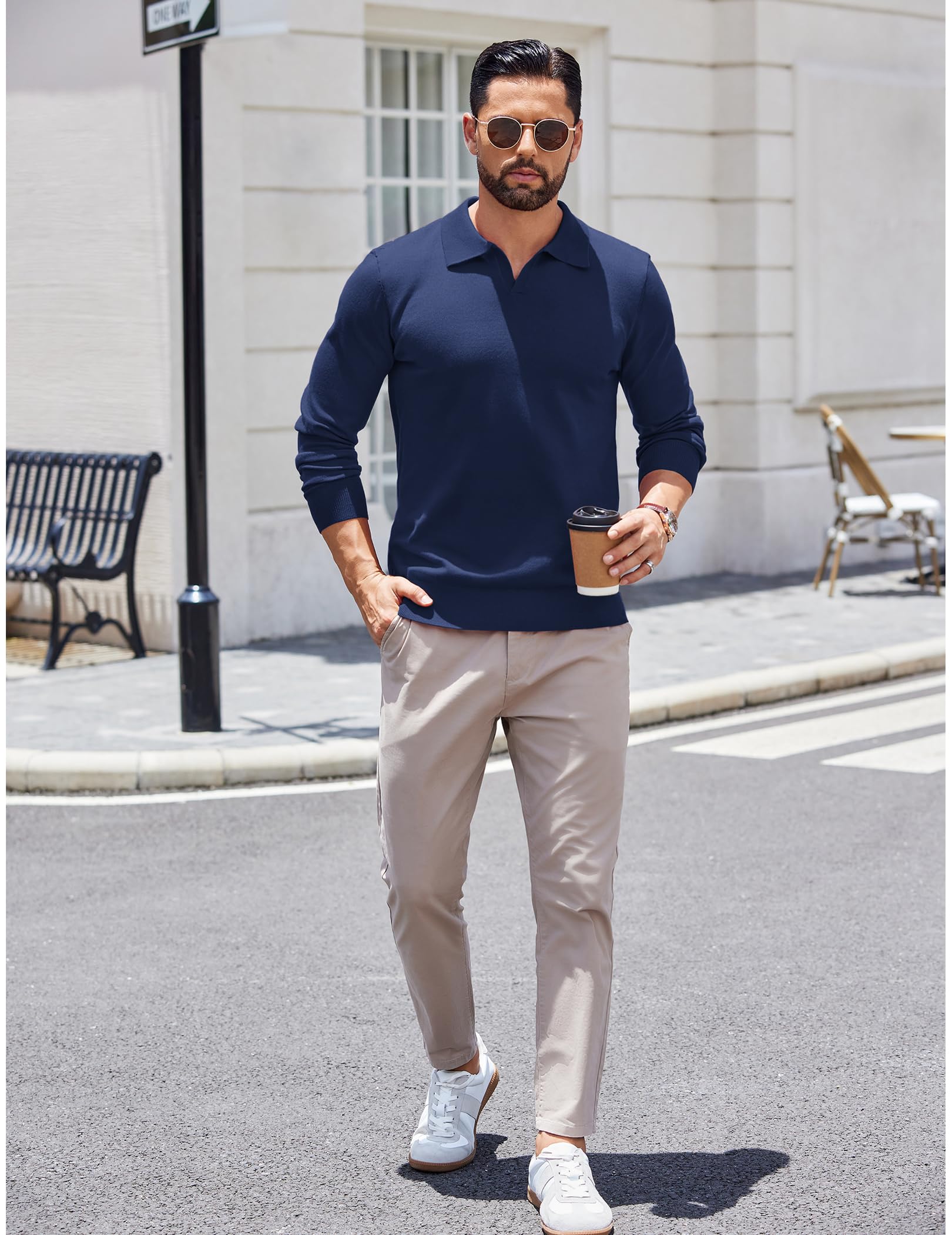 COOFANDY Men's Lightweight Ribbed Knit Polo Sweater - Long Sleeve Pullover Shirt for Casual & Business Wear | Perfect for Office, Date Night & Fall Layering
