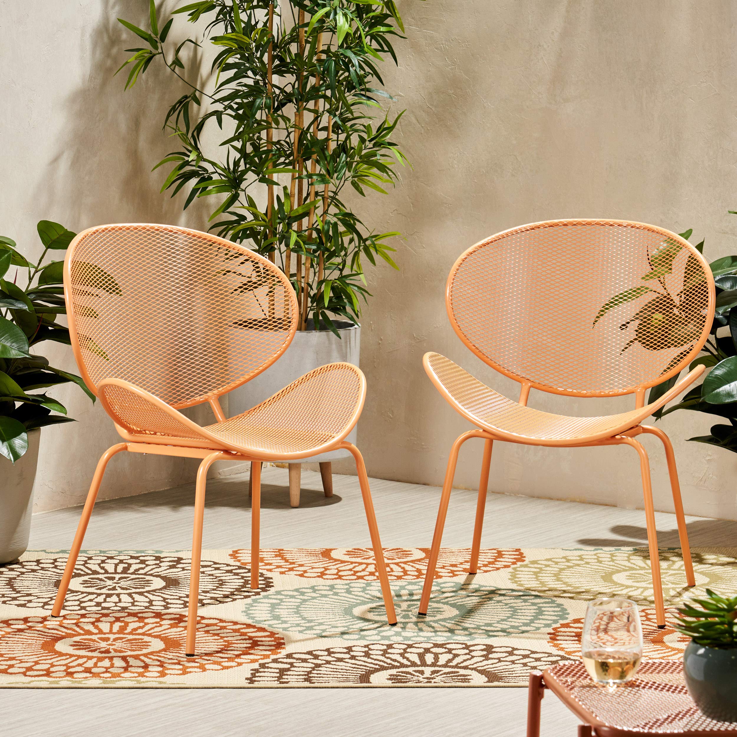GDF Studio Outdoor Dining Chairs (Set of 2) - Matte Orange Patio Furniture for Backyard, Garden, Poolside & Balcony - Weather-Resistant Stackable Chairs for Outdoor Entertaining