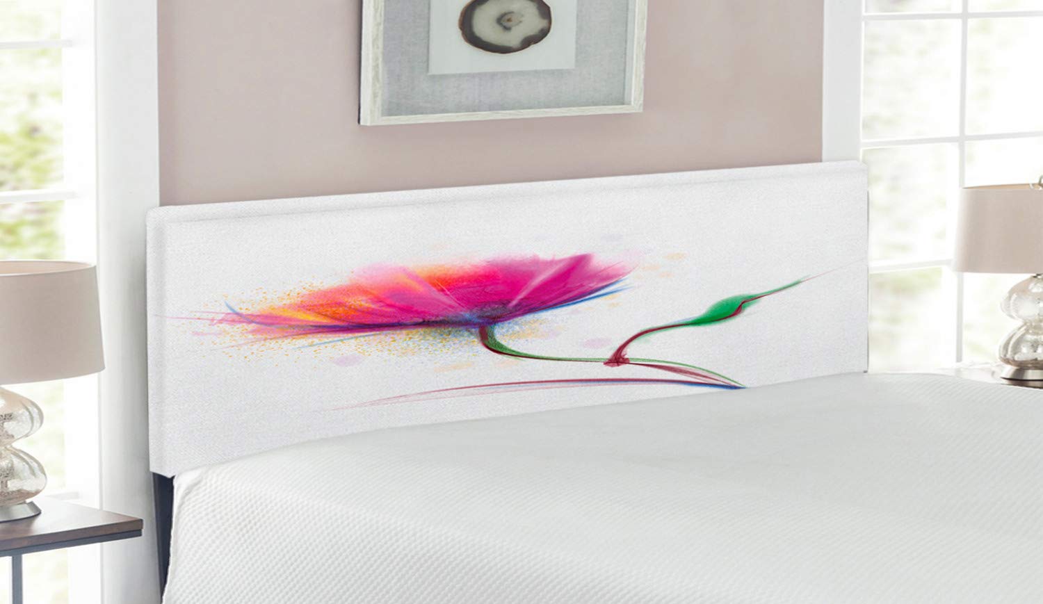 Ambesonne Floral Upholstered Headboard Queen Size - Modern Poppy Design with Memory Foam, Fuchsia Pink Bed Frame for Master Bedroom & Guest Room Decor