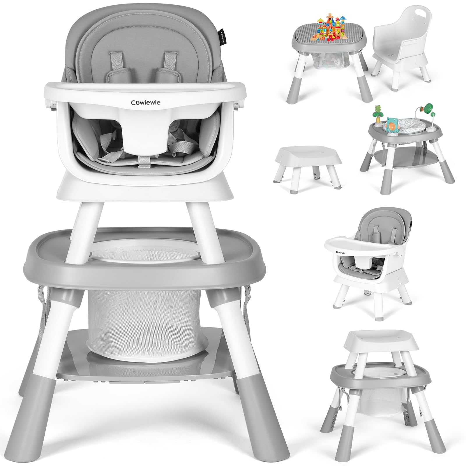 Cowiewie 16-in-1 Convertible Baby High Chair - Adjustable Toddler Chair with Safety Harness, Removable Tray & Building Block Table | Portable Highchair for Infants to Kids (Grey) | Perfect for Dining, Playtime & Learning Activities at Home or Travel