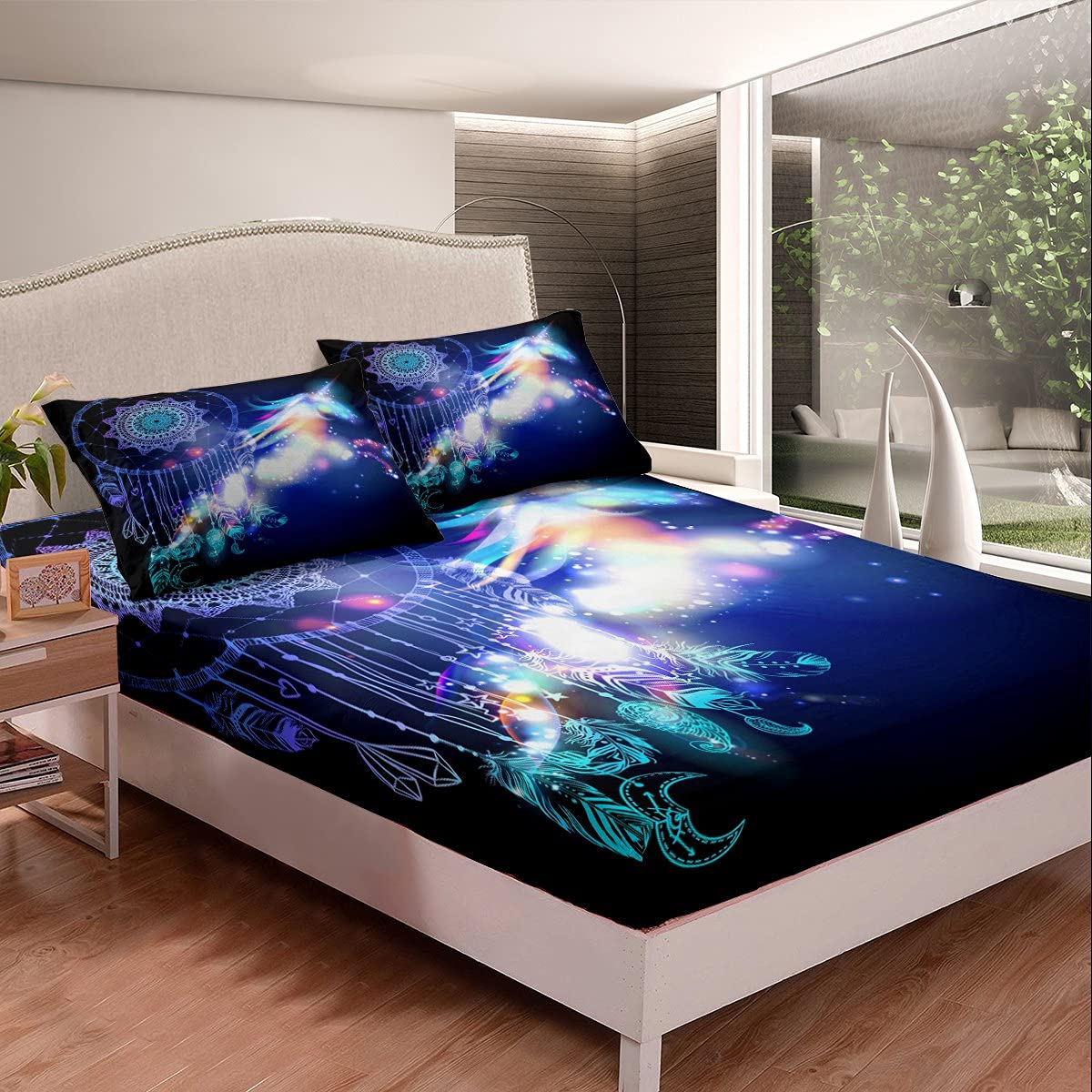 Bohemian Dreamcatcher Unicorn Bedding Set - 3 Piece Soft Polyester Queen Size Sheet Set (1 Fitted Sheet + 2 Pillowcases) for Kids Boys & Girls | Perfect for Nursery, Bedroom Decor & Gift Giving
