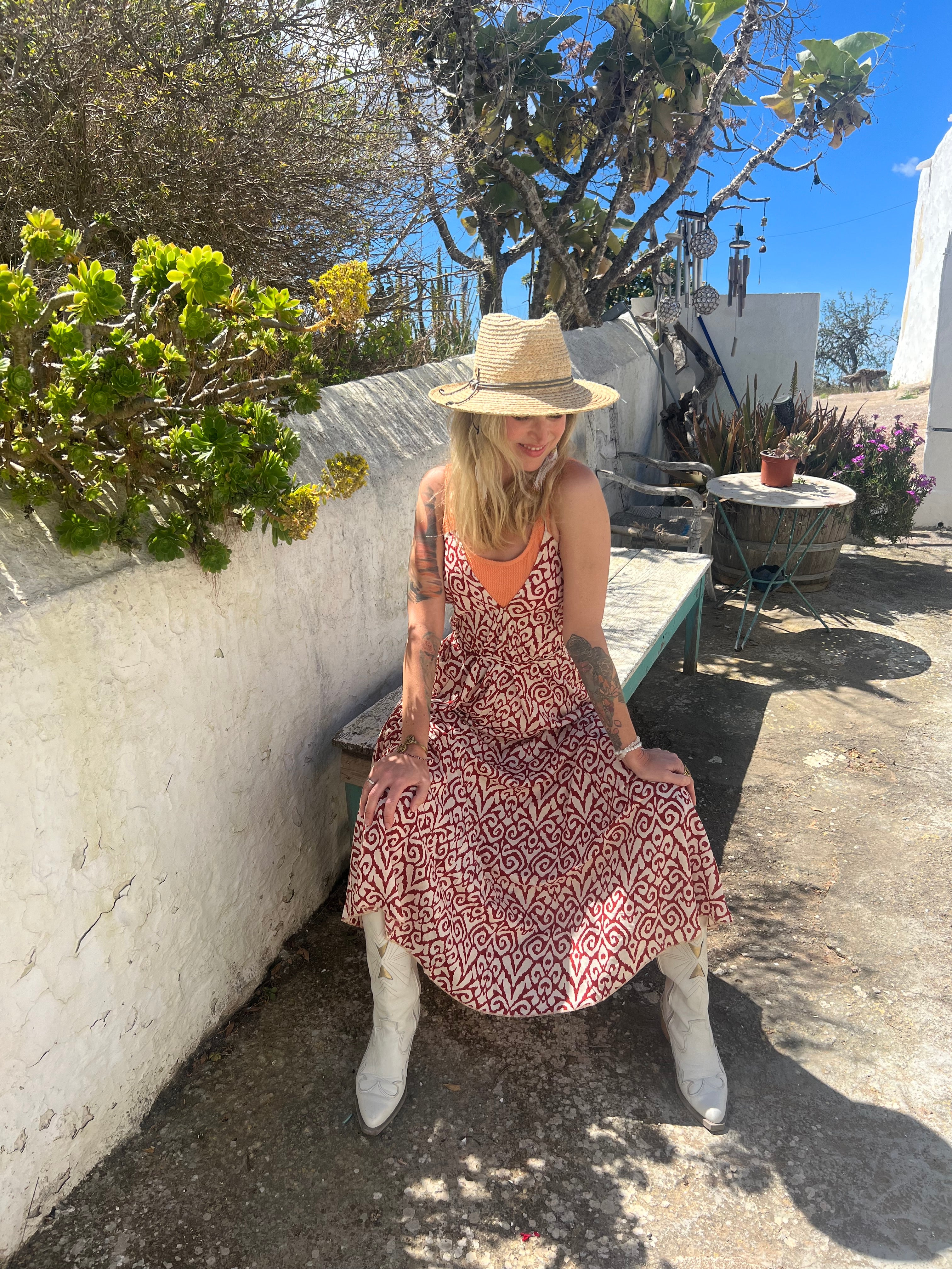 Magic Long Dress in Soft Modal Fabric - Elegant Red Tribal Print for Women | Perfect for Parties, Weddings & Boho Fashion