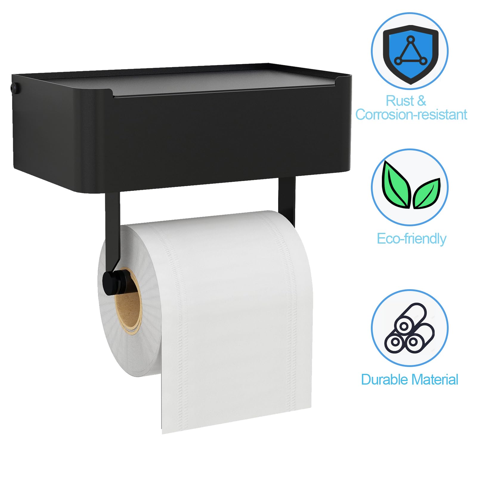 JUYSON Stainless Steel Toilet Paper Holder with Shelf & Flushable Wipes Dispenser - Wall Mount Bathroom Organizer for Wipes Storage | SUS304 Matte Black | Perfect for Modern Bathrooms & Hidden Wipe Organization