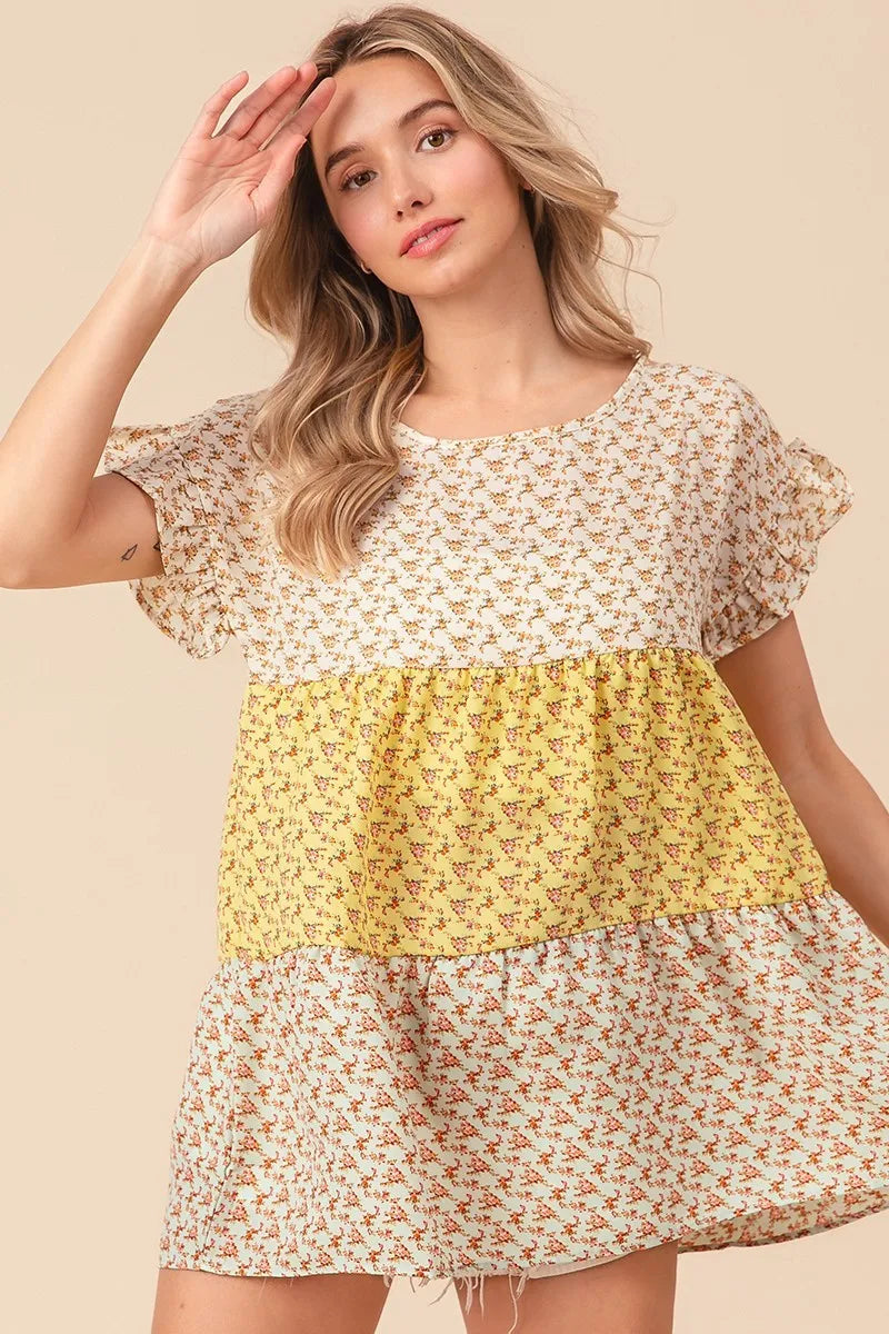 BiBi Floral Printed Woven Color Block Tiered Blouse - Women's Fashion Boho Chic Tunic Top for Casual Wear, Summer Outfits & Beach Vacations