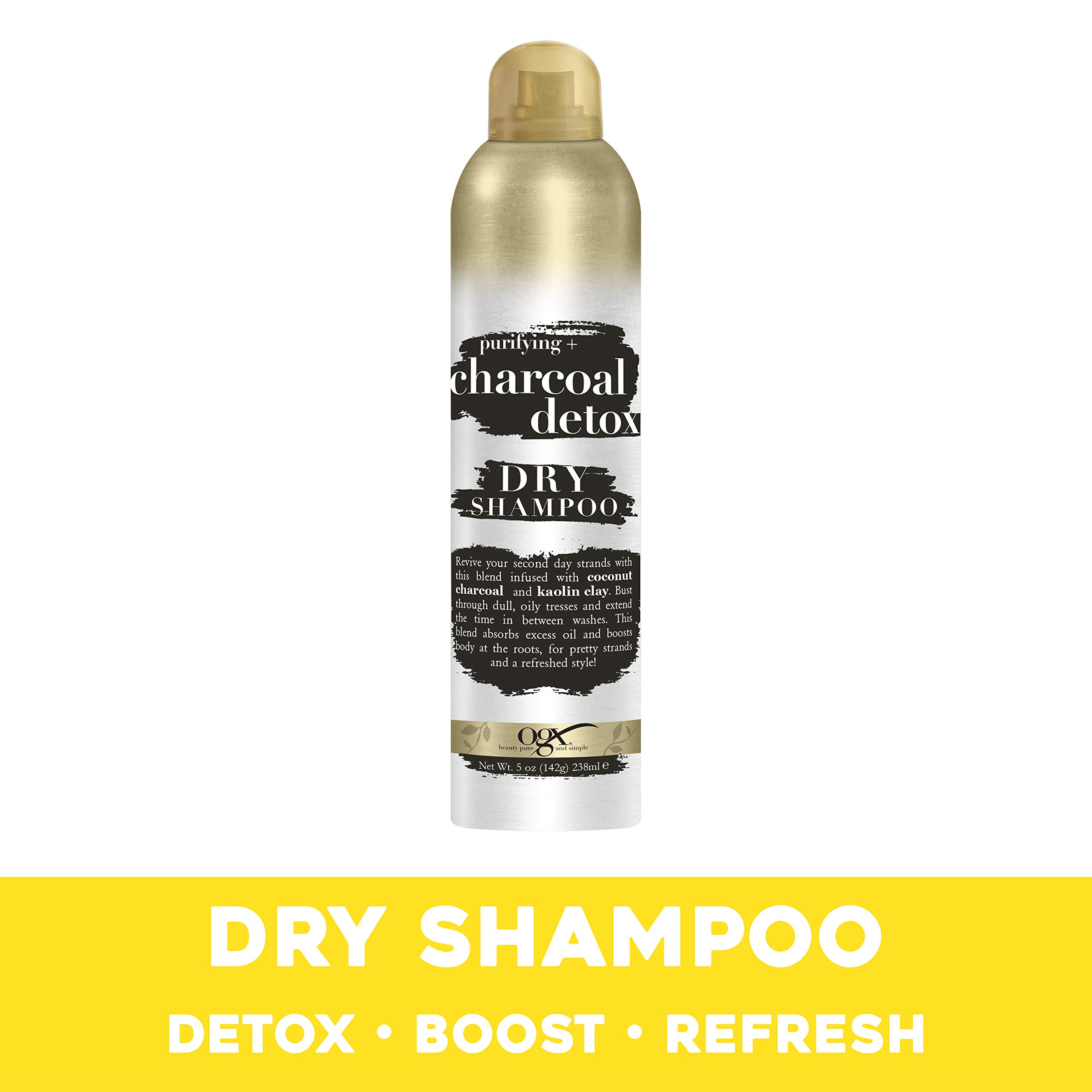 OGX Purifying + Charcoal Detox Dry Shampoo Spray with Activated Charcoal & Kaolin Clay - Oil Absorbing & Hair Revitalizing Formula for Fresh, Full Hair (5 oz) | Perfect for Busy Mornings, Gym Sessions & Travel