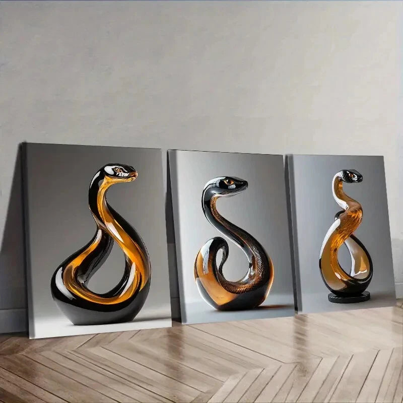 3-Piece Elegant Snake Glass Sculpture Wall Art Set - Framed Canvas 40x60cm - High Quality Print - 100% Australian Made - Ready to Hang - Perfect for Living Room, Bedroom & Office Decor