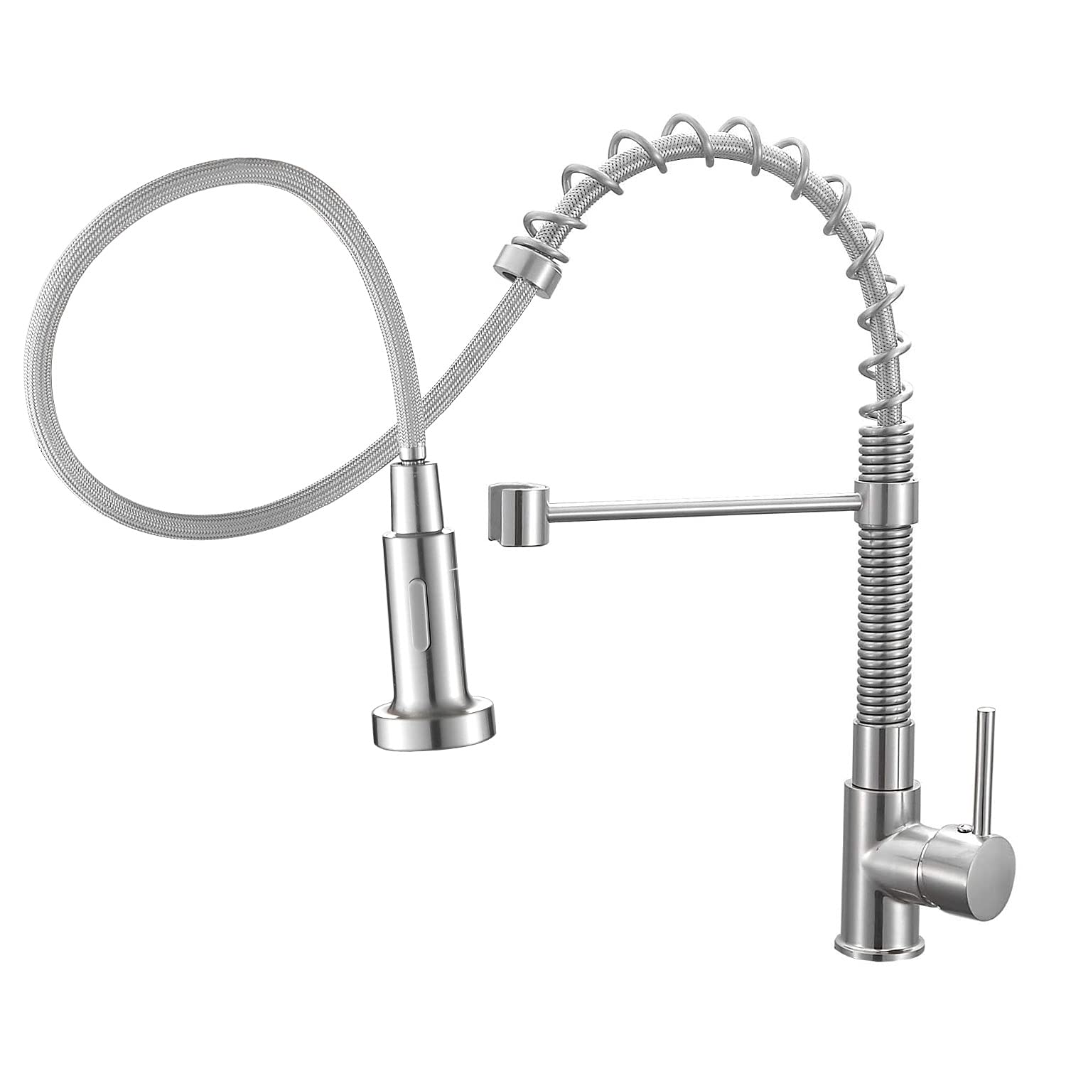 Sagetta Commercial Grade Solid Brass Single Handle Pull Down Sprayer Kitchen Faucet with Low Lead, Spring Lever, Brushed Nickel Finish for Modern Home Kitchens
