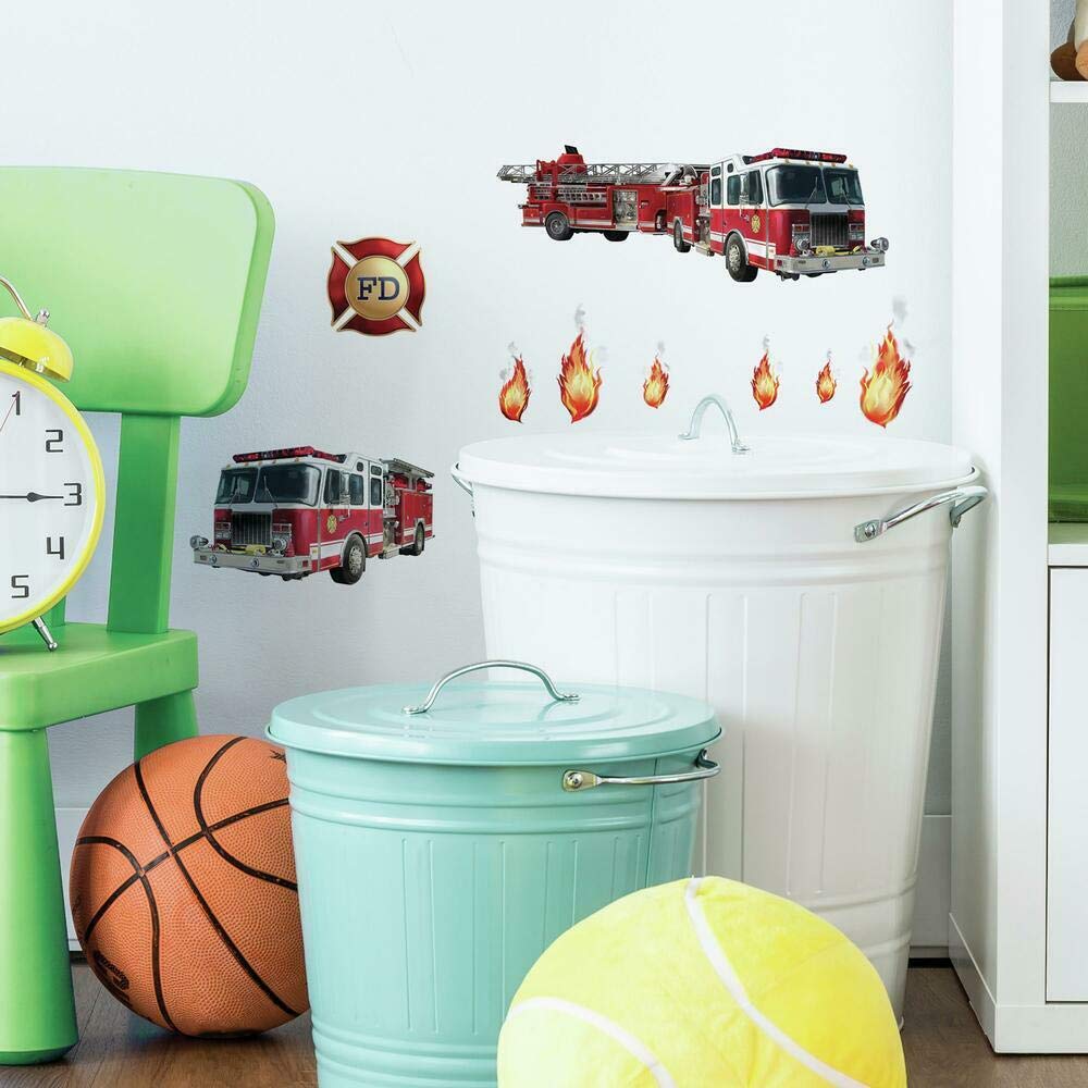 RoomMates RMK1125SCS Fire Brigade Peel and Stick Wall Decals - Red - Easy to Apply Removable Wall Stickers for Kids' Bedroom, Nursery, Playroom Decor