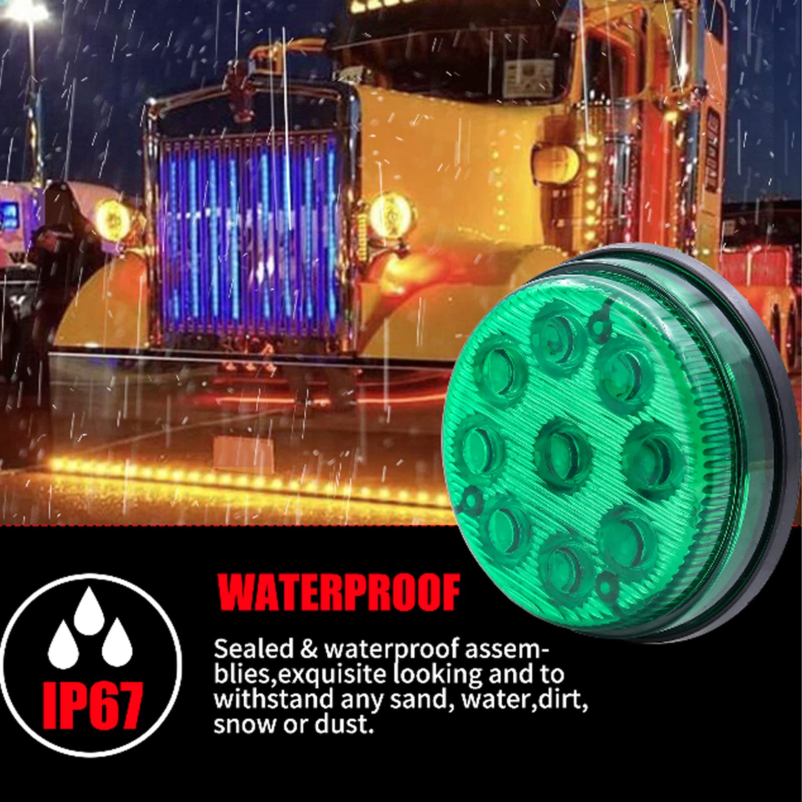 Biqing 3 Inch Round Marker Lights Green - 2PCS 24V 9-LED High/Low Beam Side Lights for Car, Truck, Van, Trailer, Lorry, Bus - Durable Front Rear Clearance Indicators for Night Driving & Off-Road Use