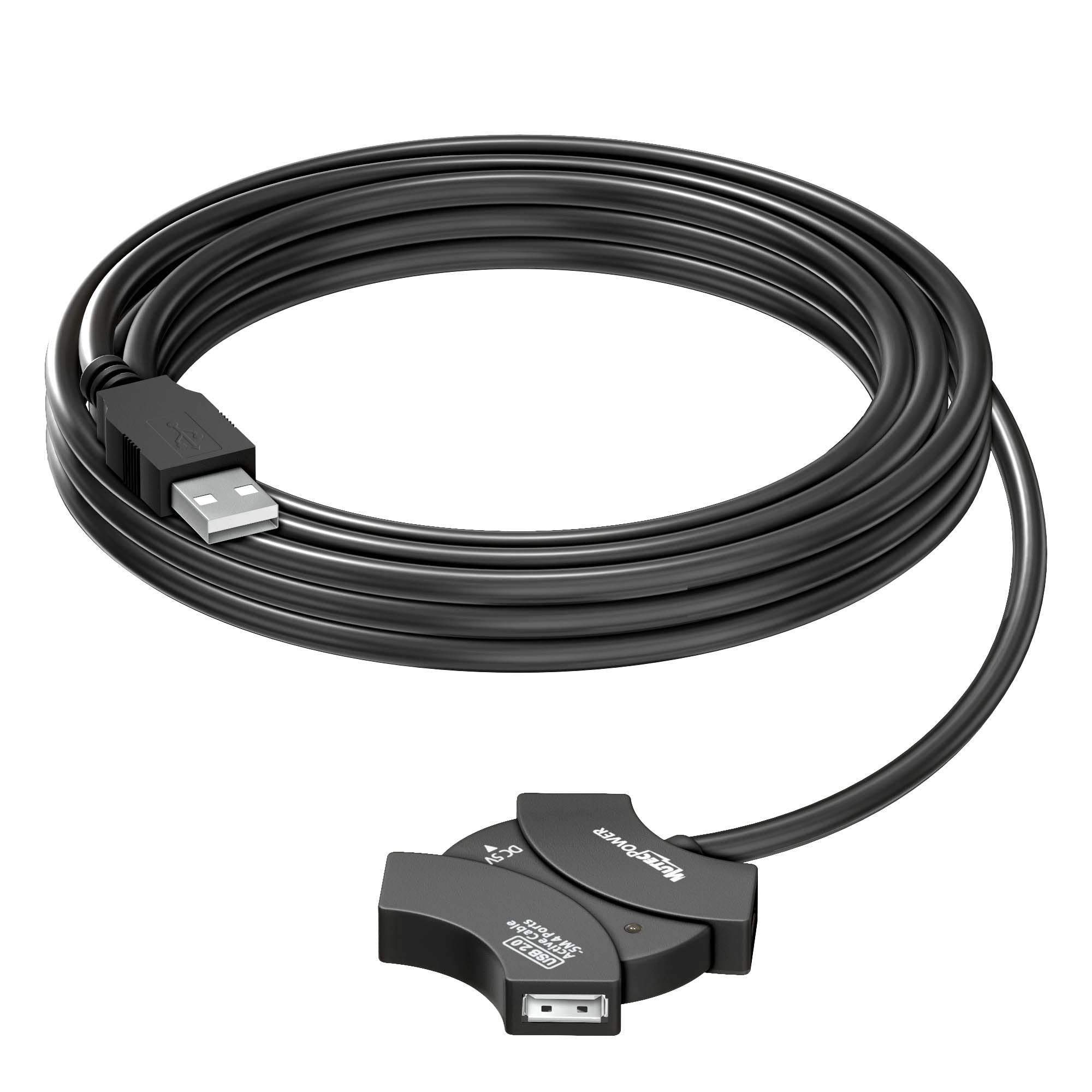 MutecPower 16.5 ft USB 2.0 Active Extension Cable with 4-Port Hub & Signal Booster - High Speed Male to Female Repeater Cord for PC, Laptop, Printer, Camera (5m Black) - Perfect for Home Office, Gaming & Multimedia Setups