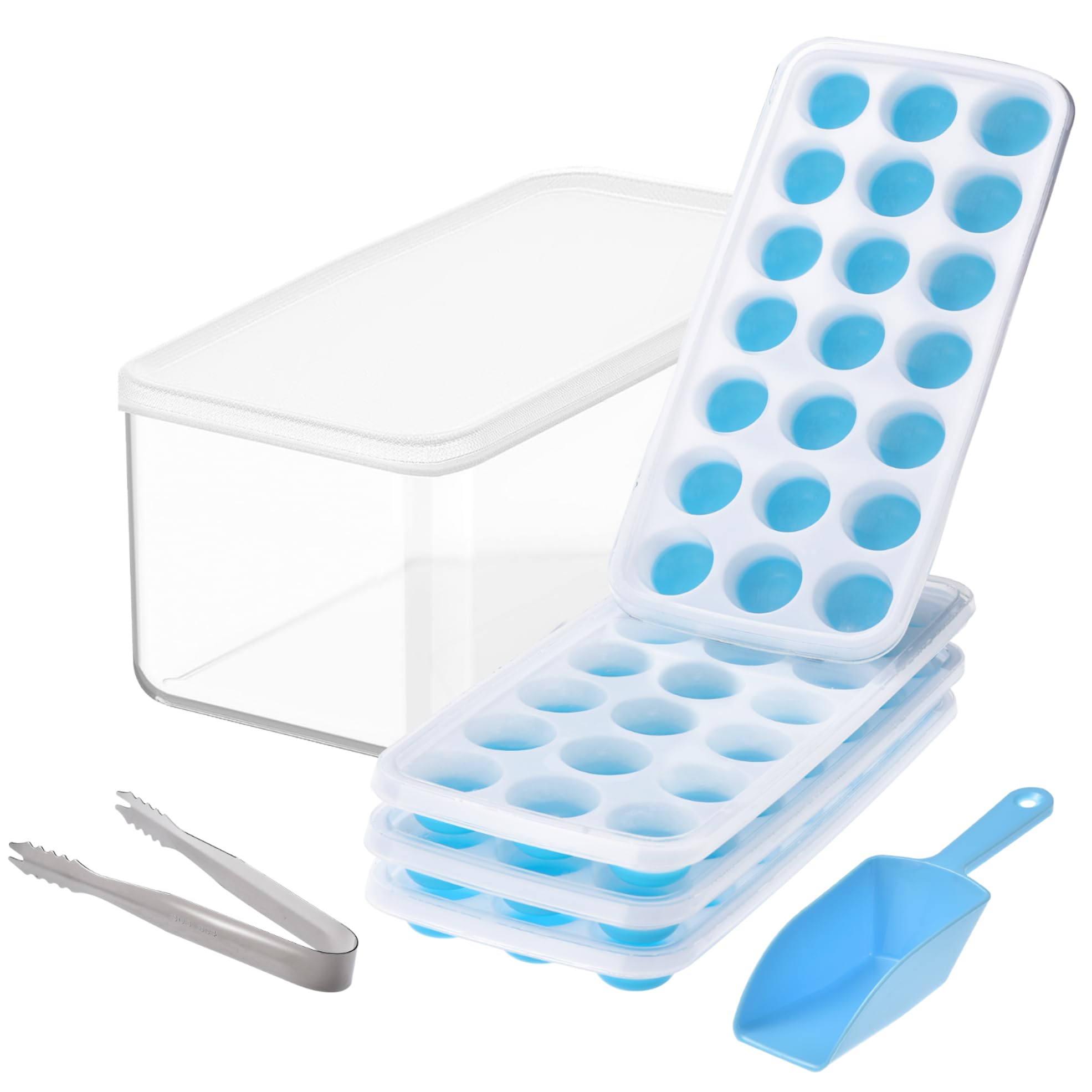Yoove 4-Pack Silicone Ice Cube Trays with Lids & Storage Bin | BPA-Free Stackable Ice Cube Makers for Freezer | Easy Release Silicone Bottom | Includes Ice Bucket, Scoop & Tongs | Perfect for Cocktails, Iced Coffee & Party Drinks