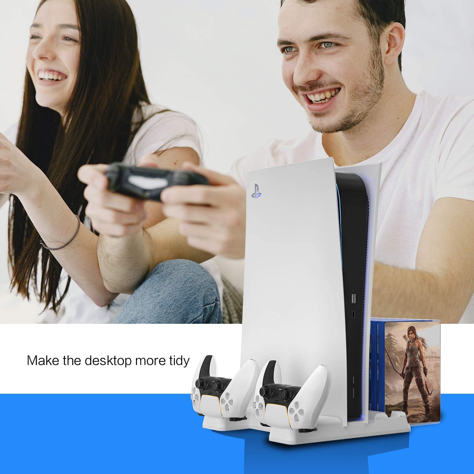 HEATFUN PS5 White Charging Station with Cooling Fans - Fast Charging Dock, 3-Speed Adjustable Cooling, 12-Game Storage Rack - Perfect for PS5 Gaming Setup & Console Organization