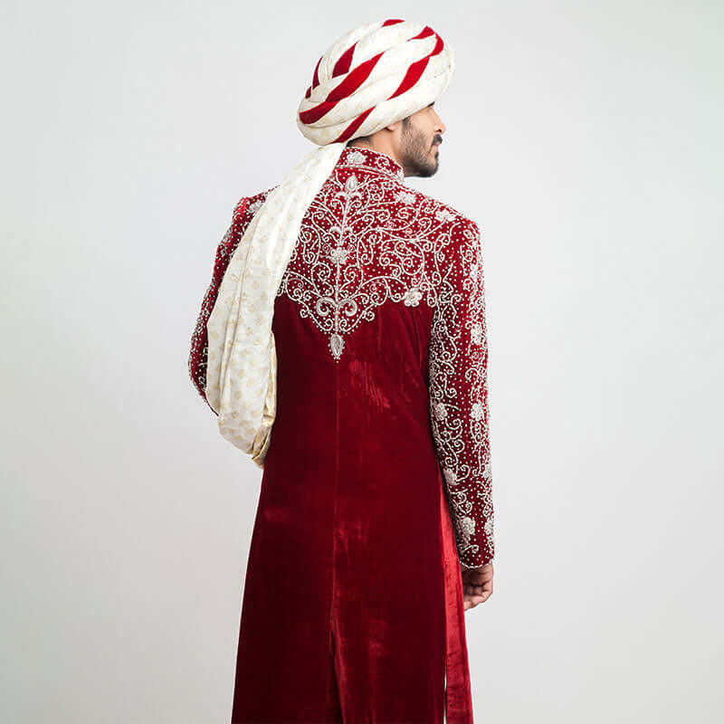 Elegant Burnt Red Velvet Sherwani for Men | Slim Fit Indian Wedding Attire | Perfect for Groom Outfits, Festivals & Special Occasions